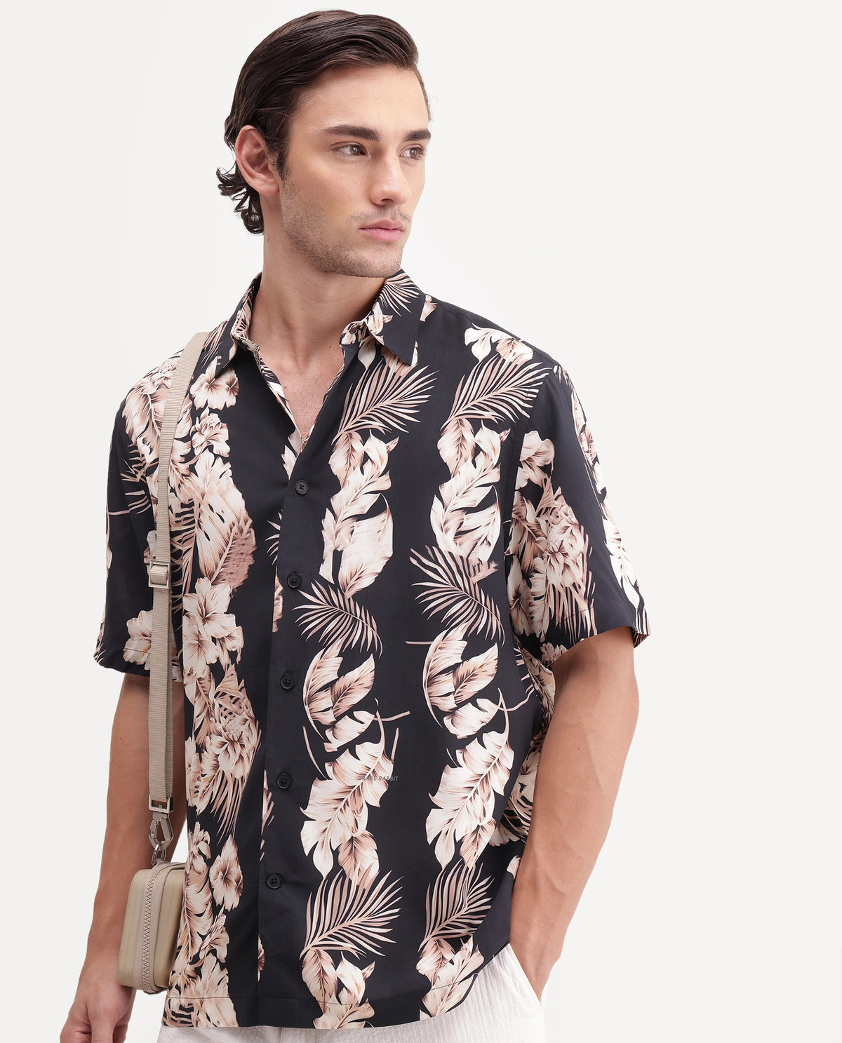 Rare Rabbit Men's Kaos Black Viscose Blend Spread Collar Button Regular Floral Print Shirt