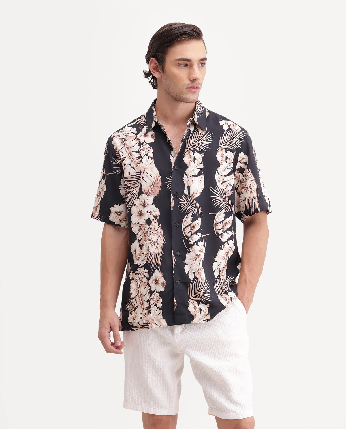 Rare Rabbit Men's Kaos Black Viscose Blend Spread Collar Button Regular Floral Print Shirt