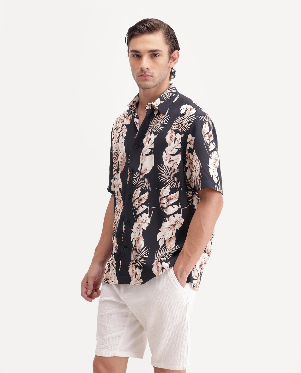 Rare Rabbit Men's Kaos Black Viscose Blend Spread Collar Button Regular Floral Print Shirt