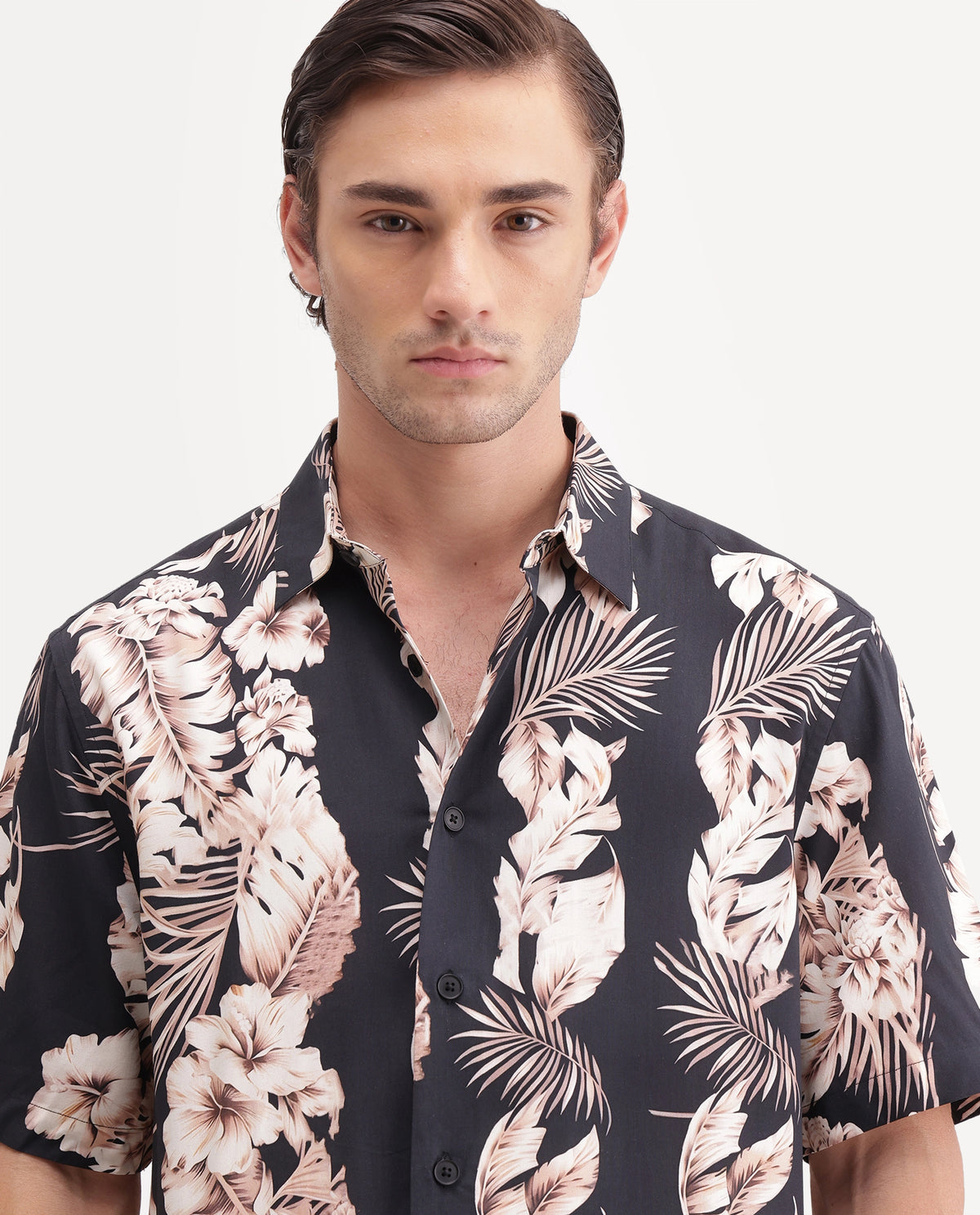 Rare Rabbit Men's Kaos Black Viscose Blend Spread Collar Button Regular Floral Print Shirt