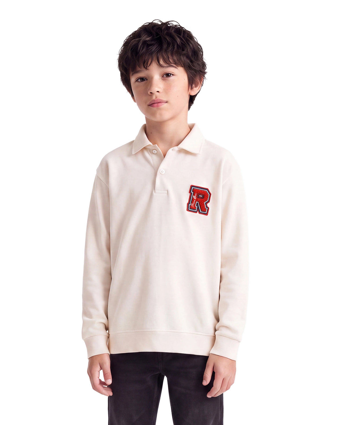 Rare Ones Kids Faris Off White Cotton Blend Fabric Spread Collar Button Closure Regular Fit Embroidered Polo