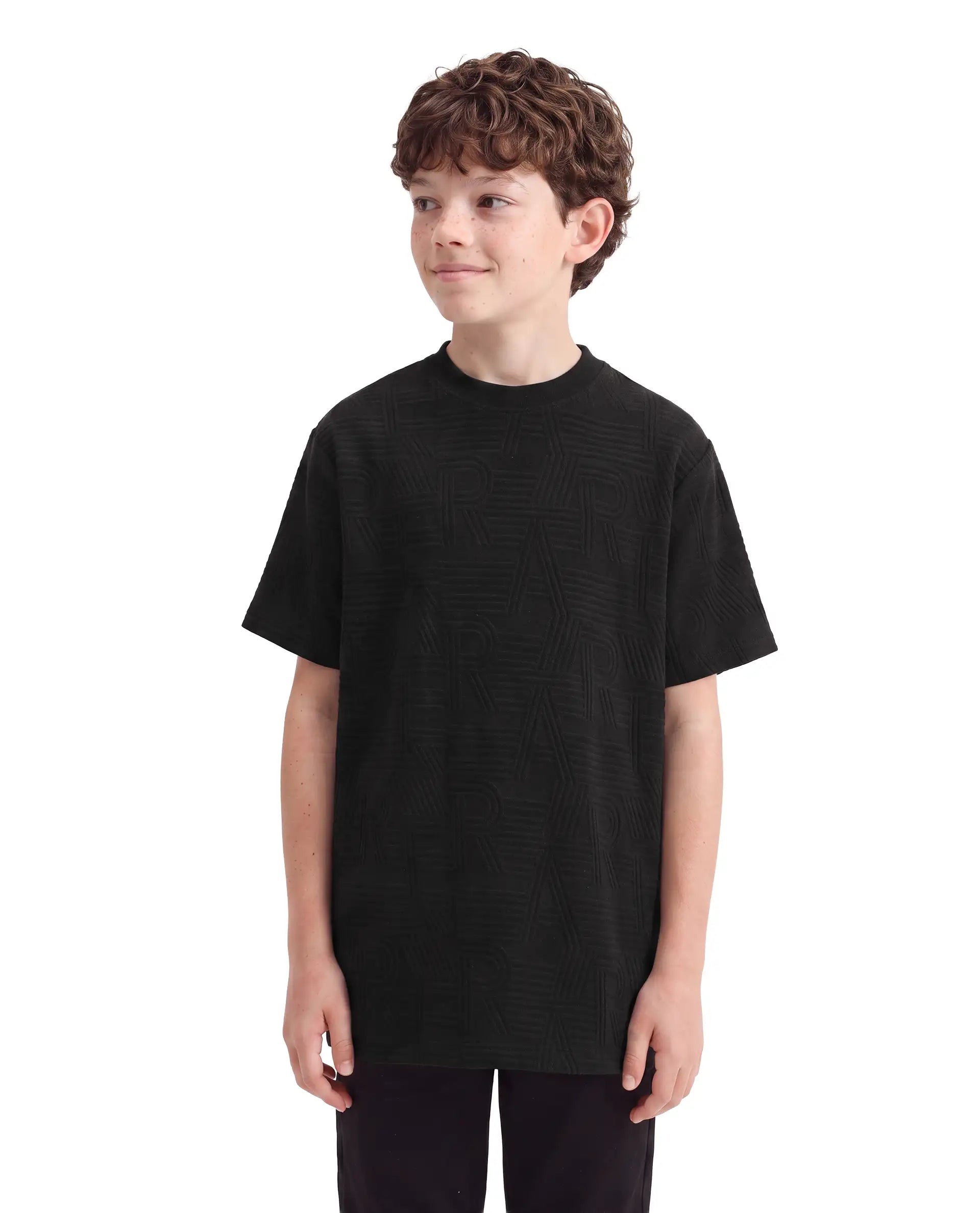 Rare Ones Kids Stom-26 Black Cotton Blend Fabric Crew Neck Pull-On Closure Regular Fit Jacquard T-Shirt