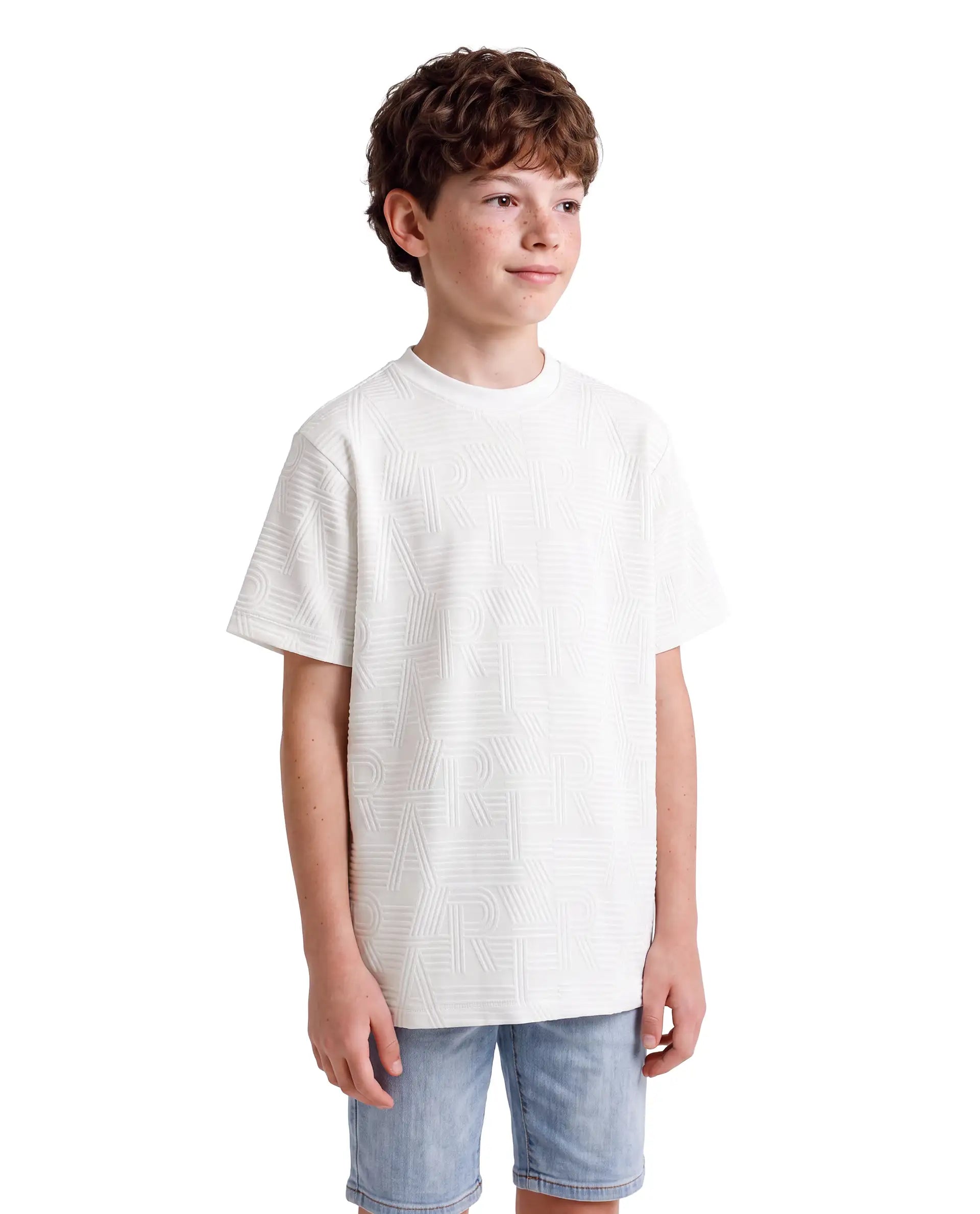 Rare Ones Kids Stom-26 White Cotton Blend Fabric Crew Neck Pull-On Closure Regular Fit Jacquard T-Shirt