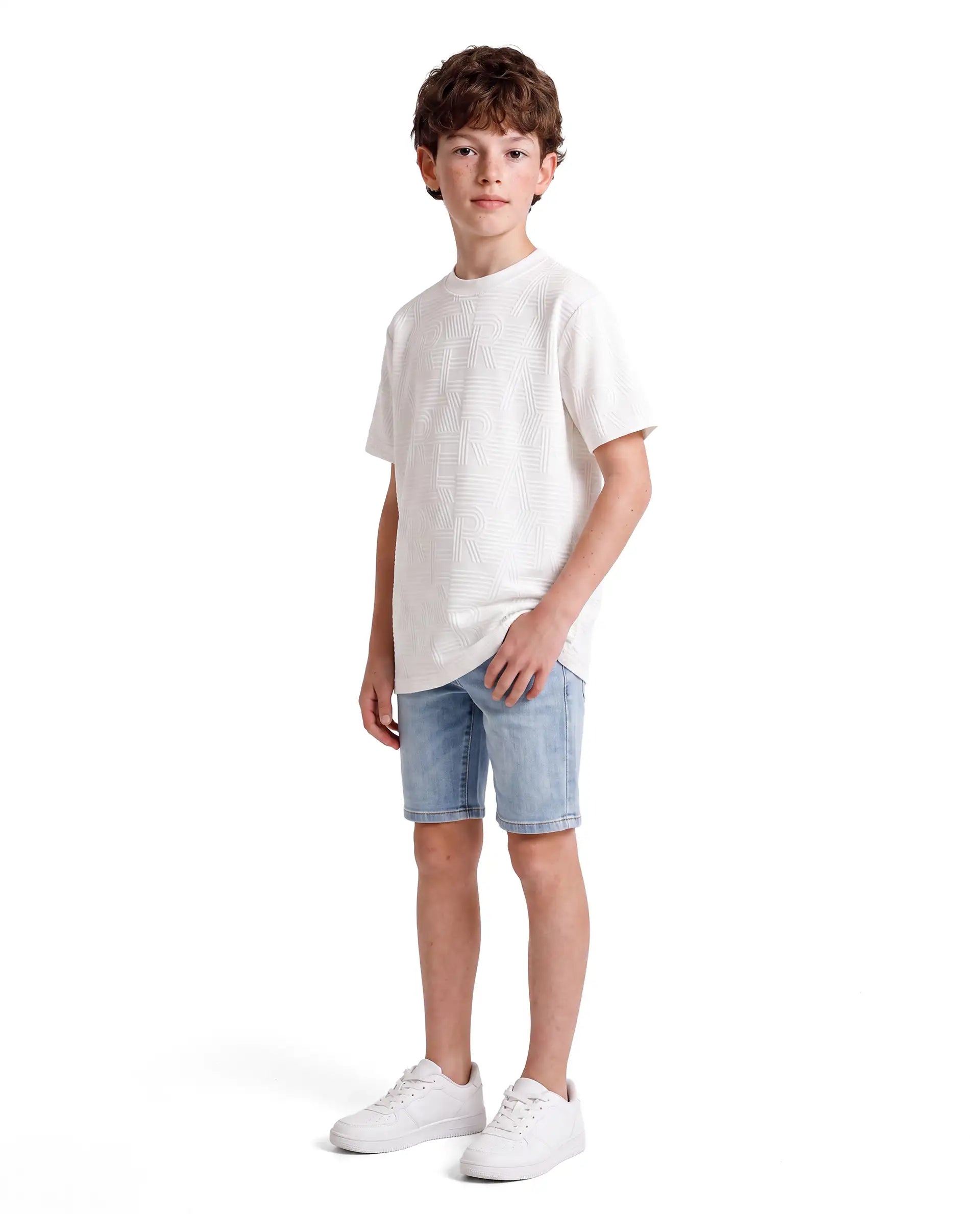Rare Ones Kids Stom-26 White Cotton Blend Fabric Crew Neck Pull-On Closure Regular Fit Jacquard T-Shirt