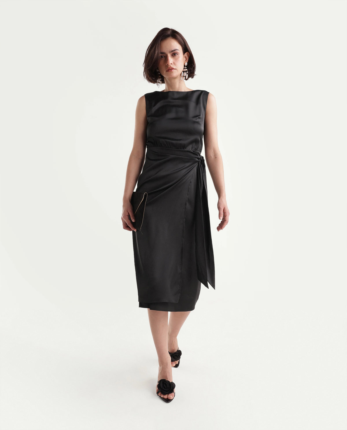 Rareism Women's Onprap Dark Black Polyester Blend Button And Zip Wrap Plain Dress - image 1