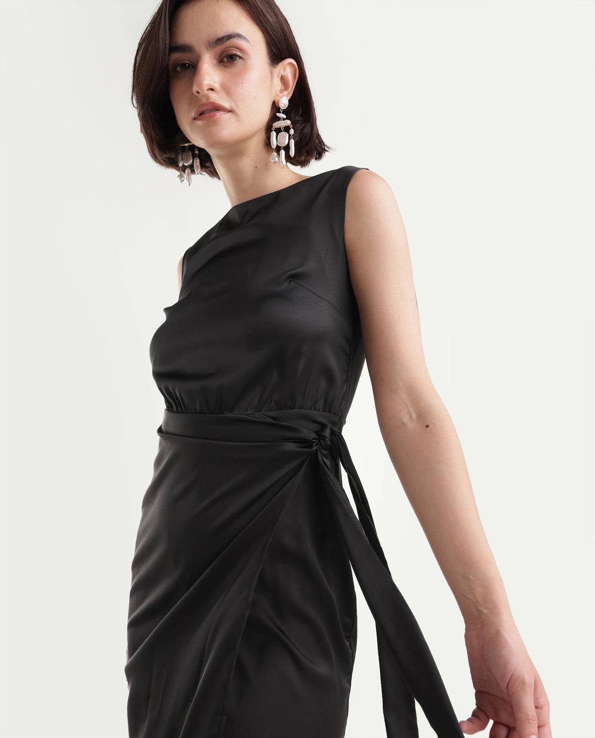 Rareism Women's Onprap Dark Black Polyester Blend Button And Zip Wrap Plain Dress - image 3