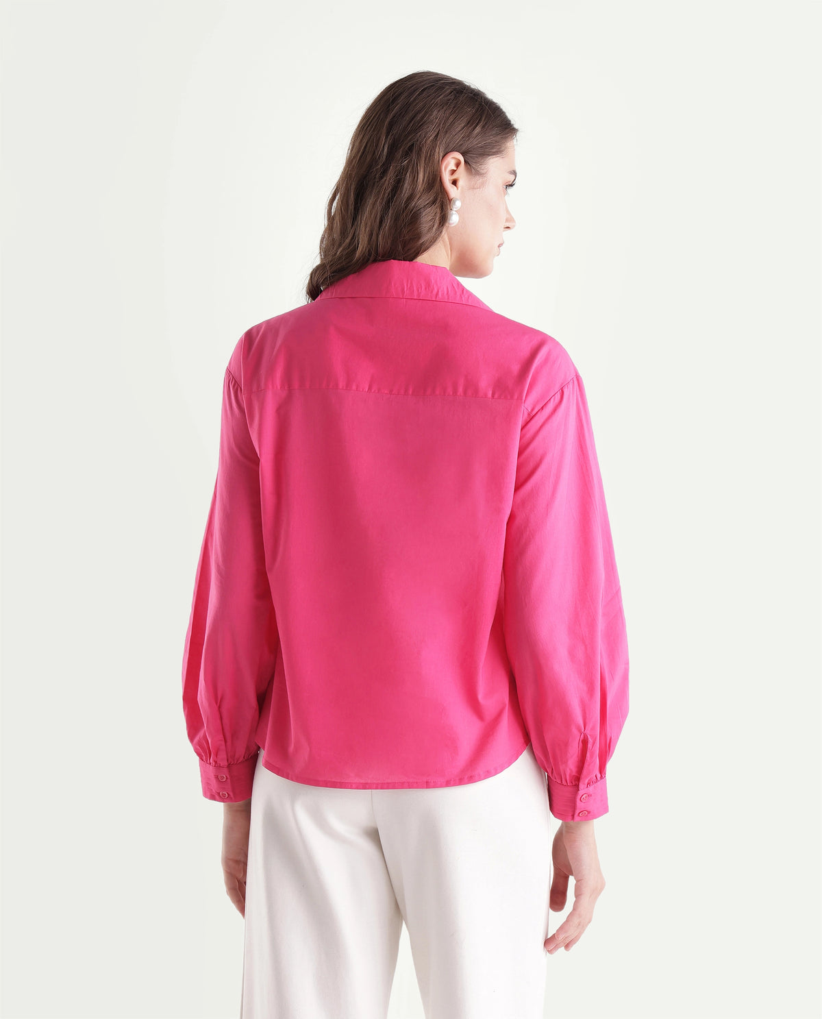 Rareism Women's Somhurs Mid Pink Cotton Spread Collar Pull-On Relaxed Plain Top