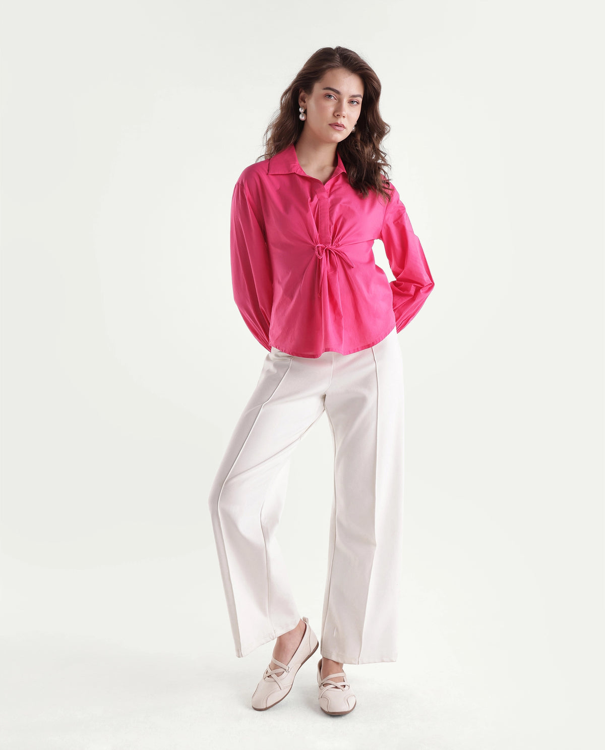 Rareism Women's Somhurs Mid Pink Cotton Spread Collar Pull-On Relaxed Plain Top
