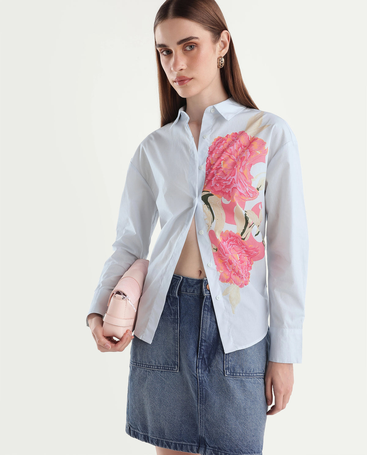 Rareism Women's Ceredis Light Blue Cotton Spread Collar Button Regular Floral Print Shirt - image 1