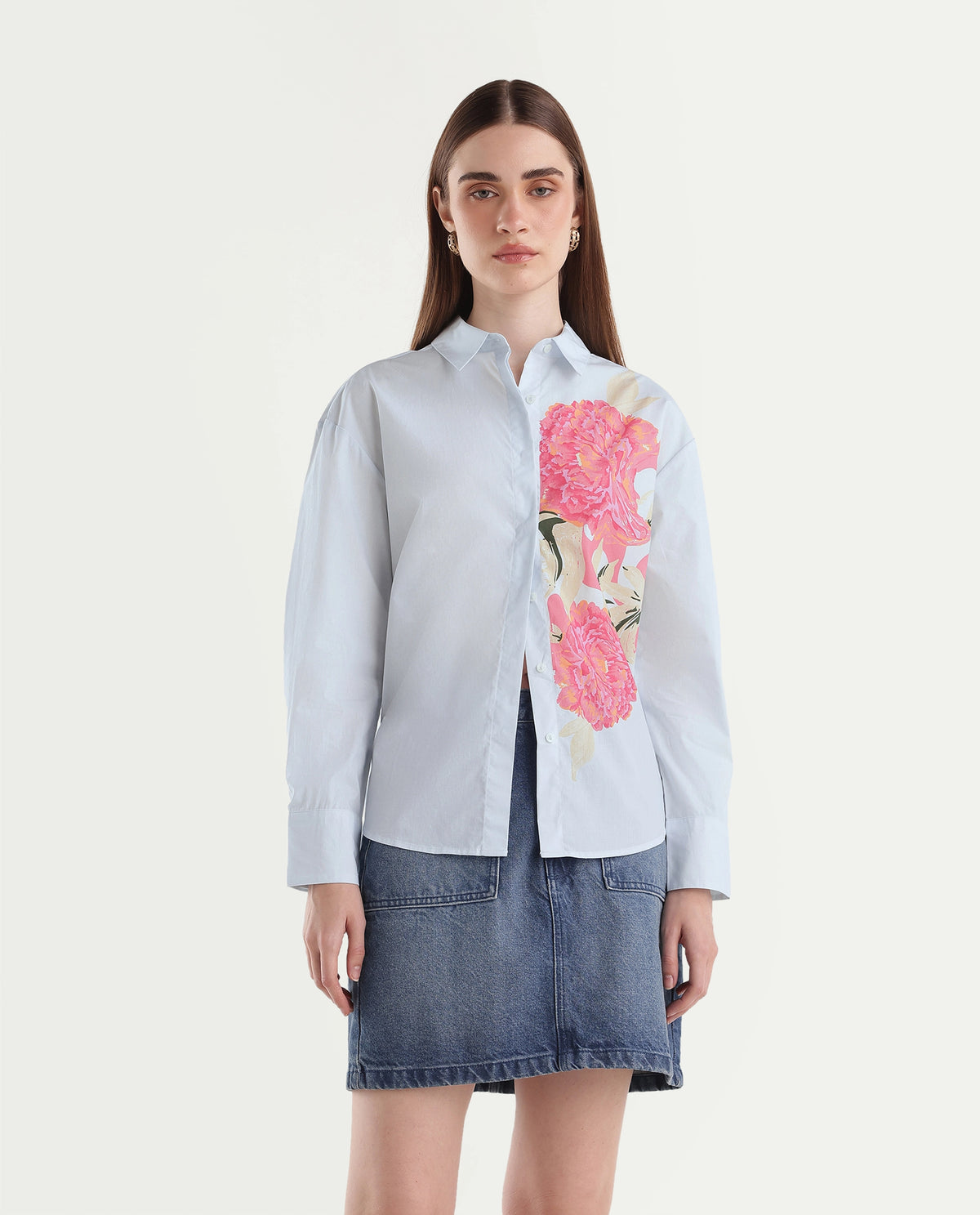Rareism Women's Ceredis Light Blue Cotton Spread Collar Button Regular Floral Print Shirt - image 6