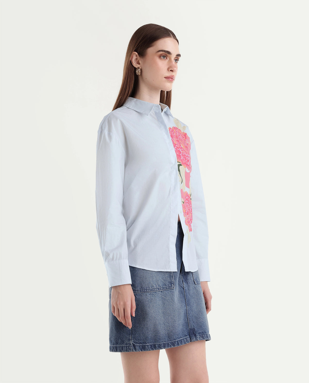 Rareism Women's Ceredis Light Blue Cotton Spread Collar Button Regular Floral Print Shirt - image 4