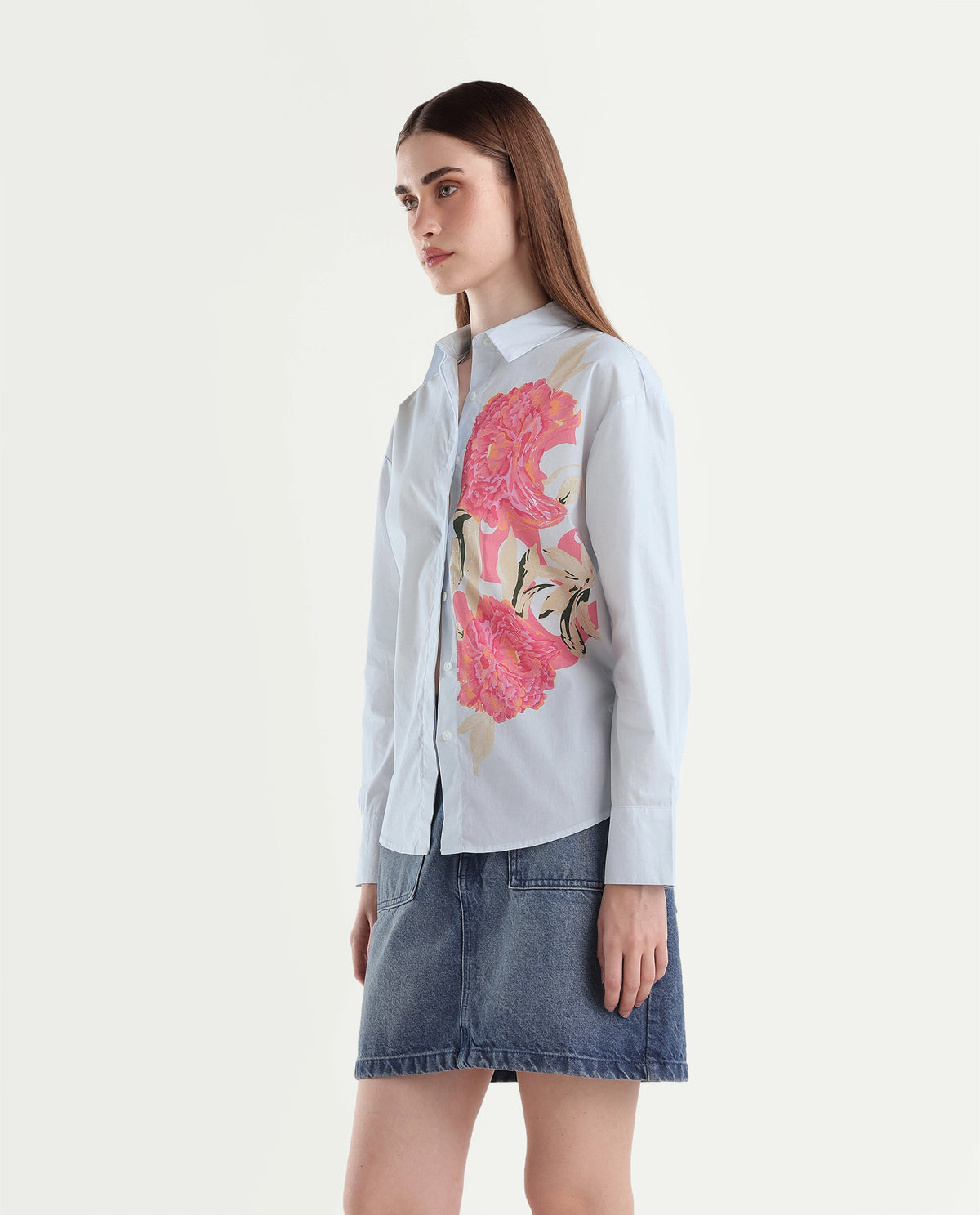 Rareism Women's Ceredis Light Blue Cotton Spread Collar Button Regular Floral Print Shirt - image 5