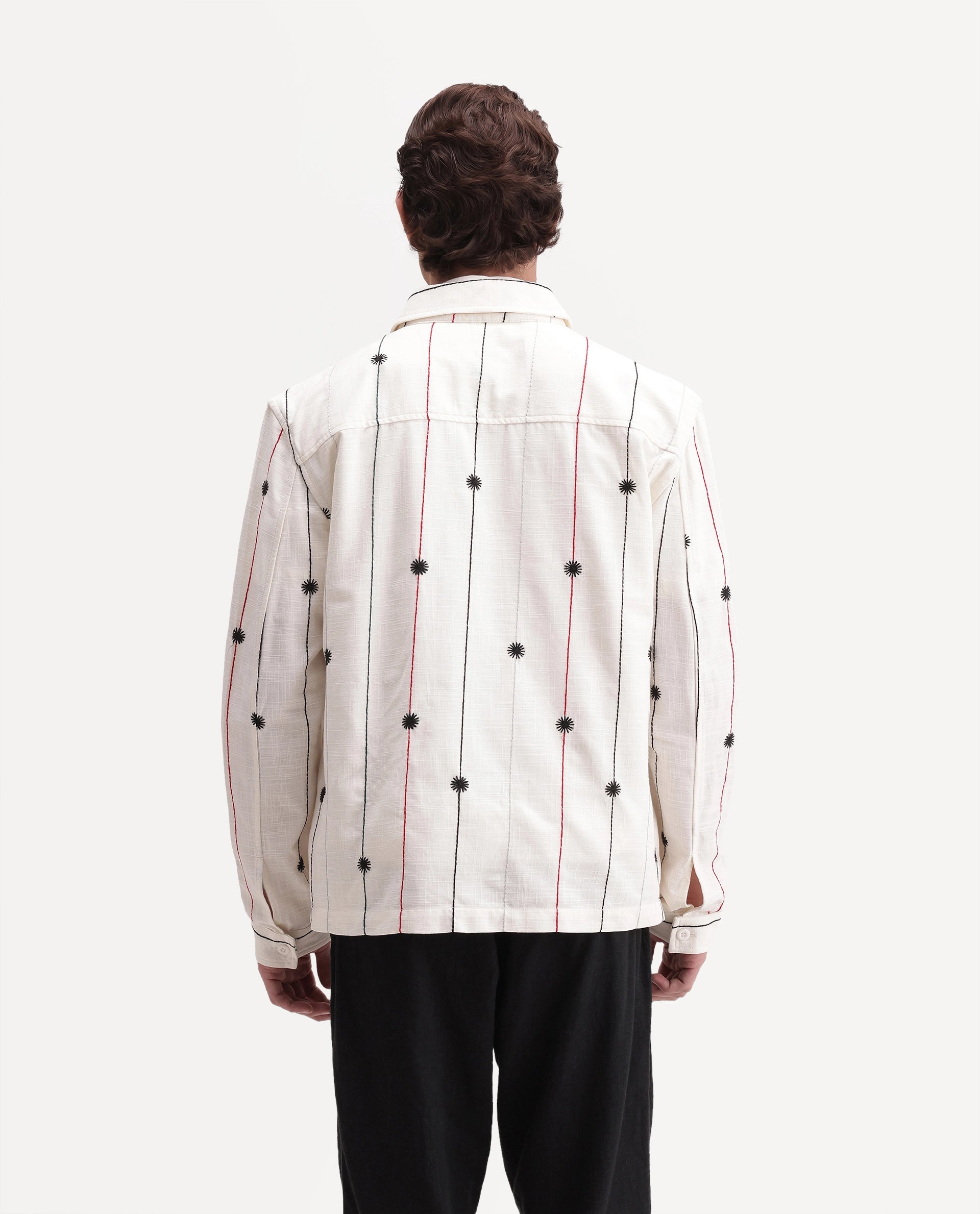 Rare Rabbit Men's Pion Off White Cotton Blend Spread Collar Button Regular Embroidered Shacket