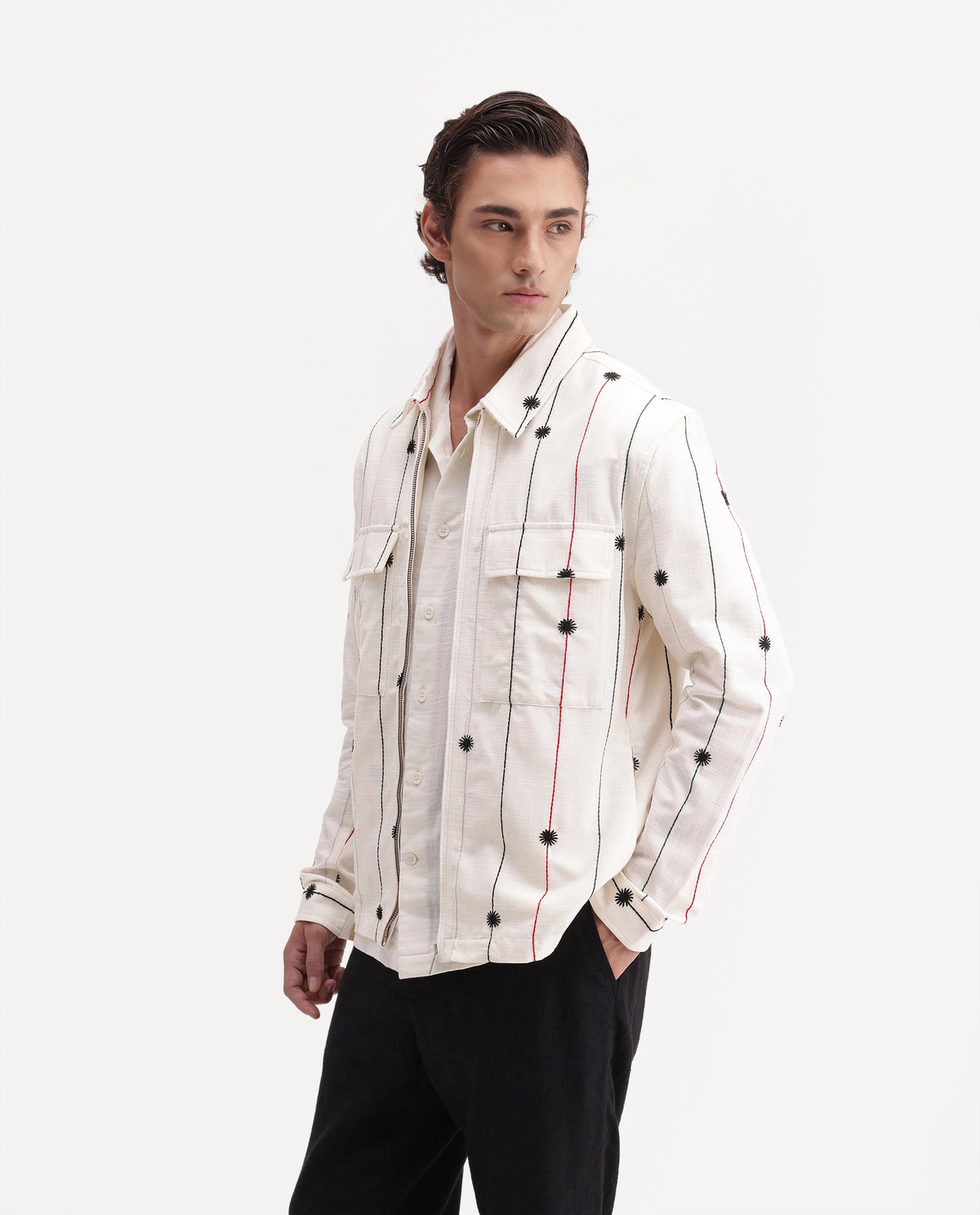 Rare Rabbit Men's Pion Off White Cotton Blend Spread Collar Button Regular Embroidered Shacket