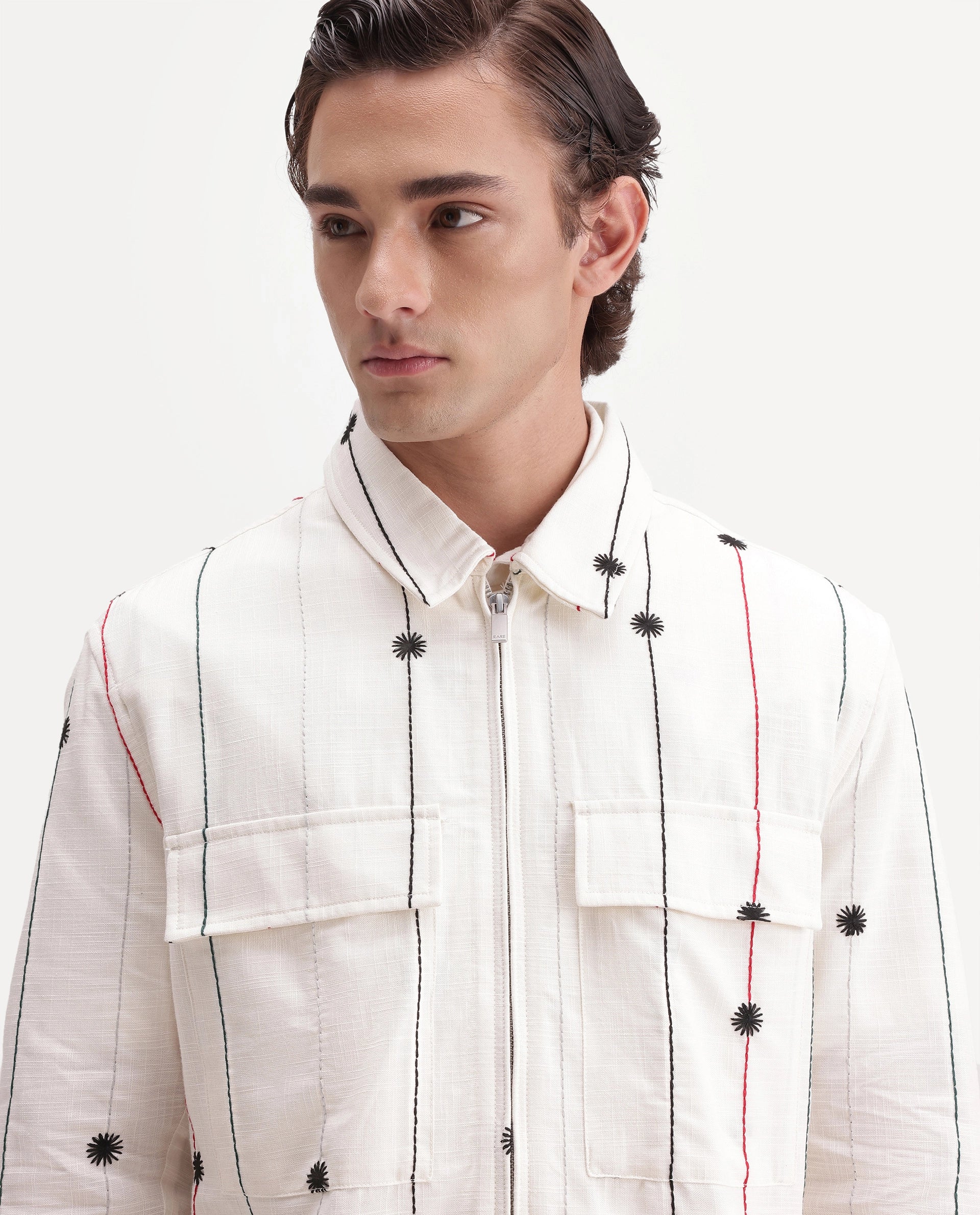Rare Rabbit Men's Pion Off White Cotton Blend Spread Collar Button Regular Embroidered Shacket