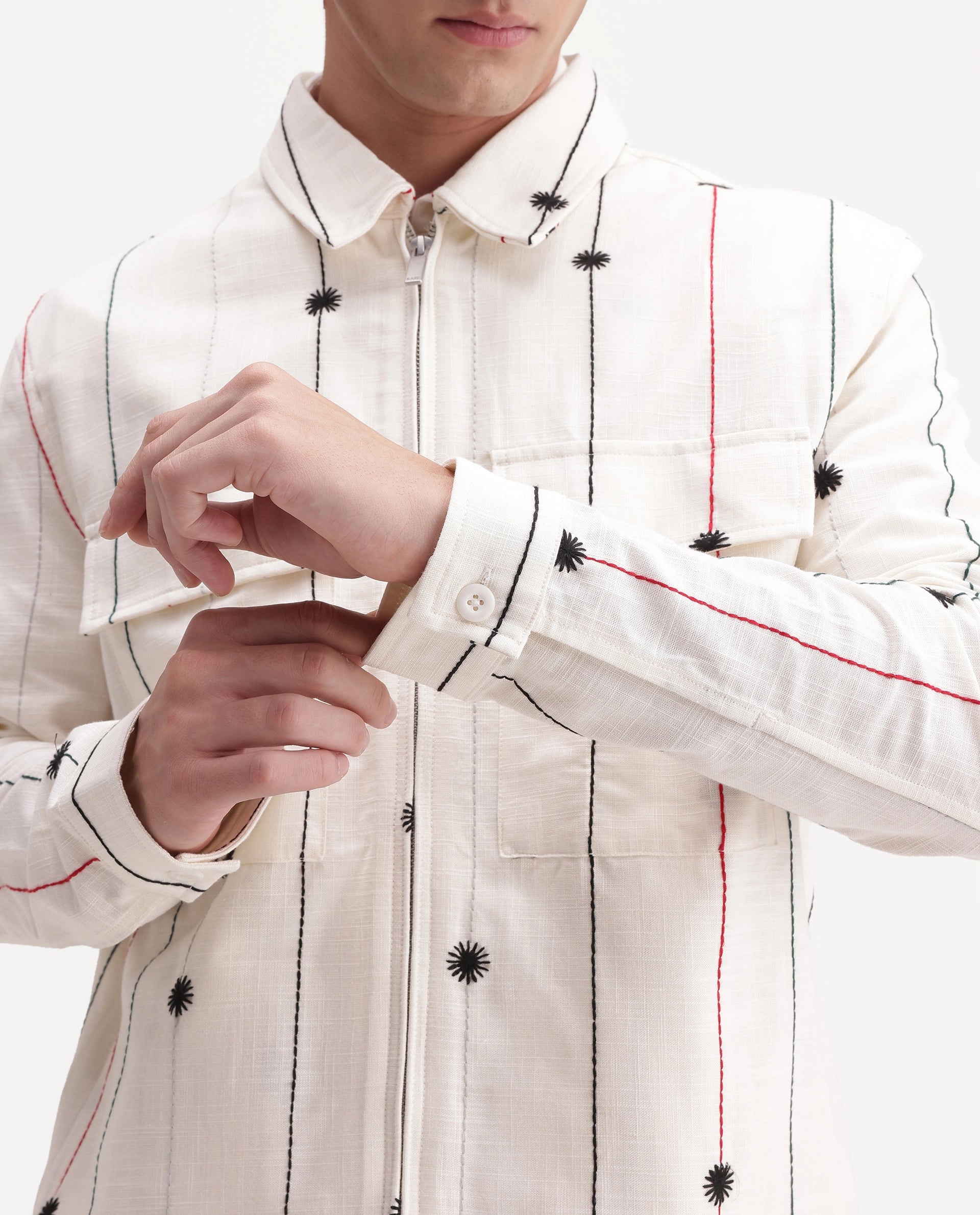 Rare Rabbit Men's Pion Off White Cotton Blend Spread Collar Button Regular Embroidered Shacket