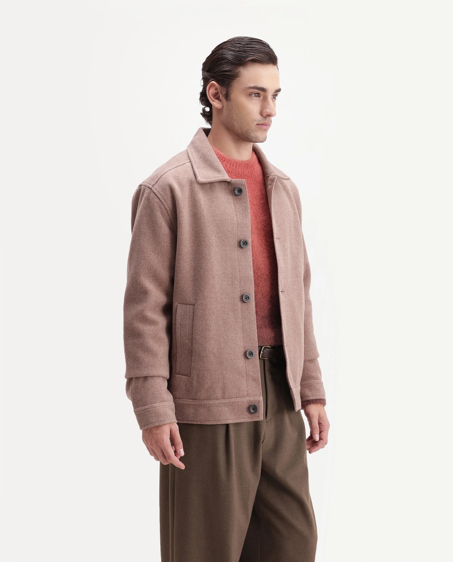 Rare Rabbit Men's Kizo Dusky Purple Polyester Blend Spread Collar Button Regular Plain Jacket