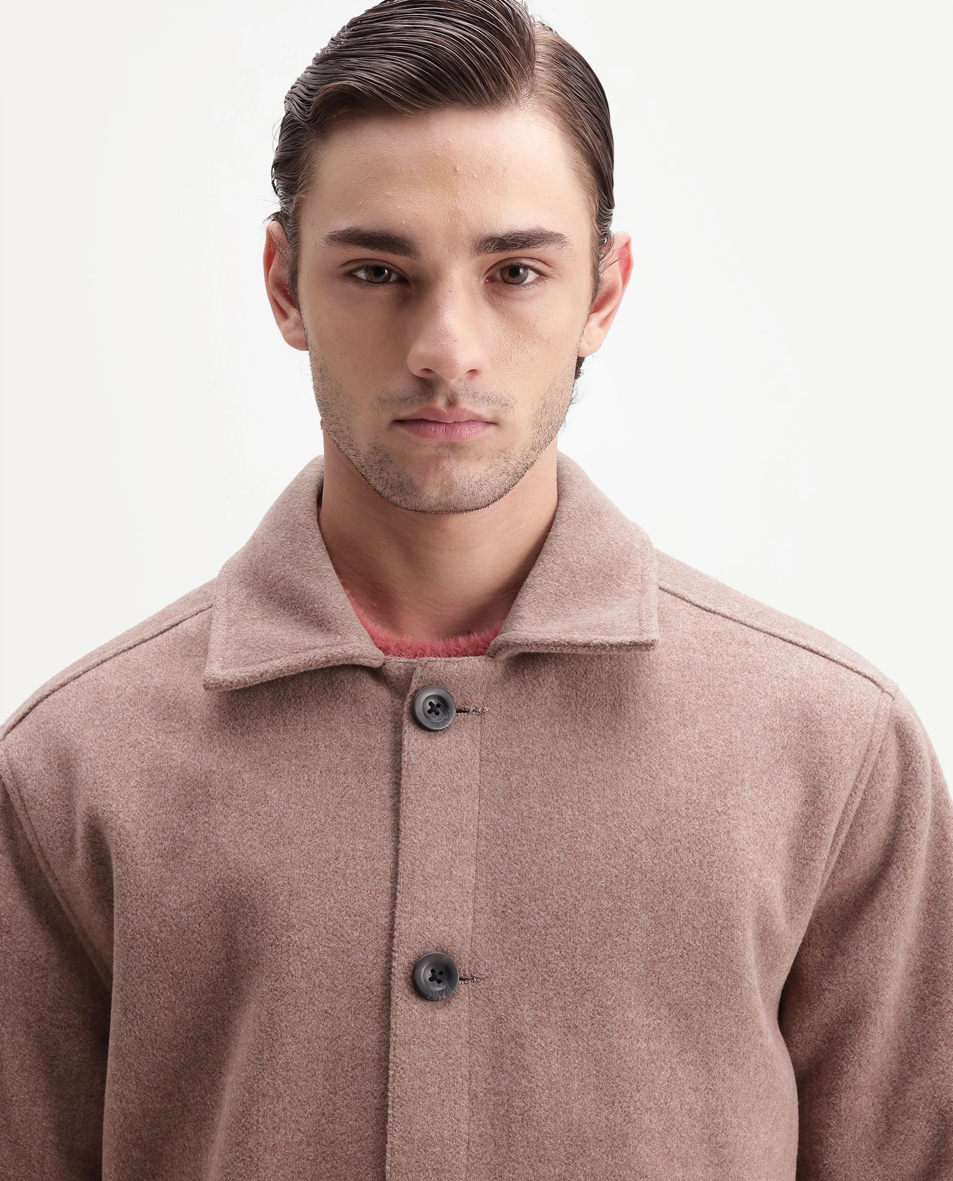 Rare Rabbit Men's Kizo Dusky Purple Polyester Blend Spread Collar Button Regular Plain Jacket