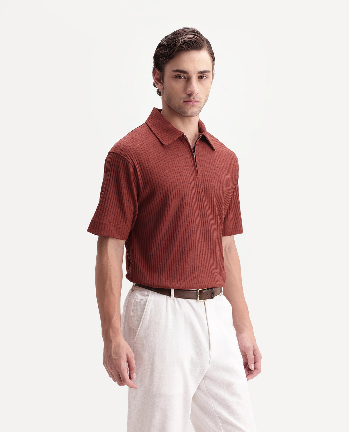 Rare Rabbit Men's Hexx-2 Rust Cotton Blend Spread Collar Zipper Regular Textured Polo