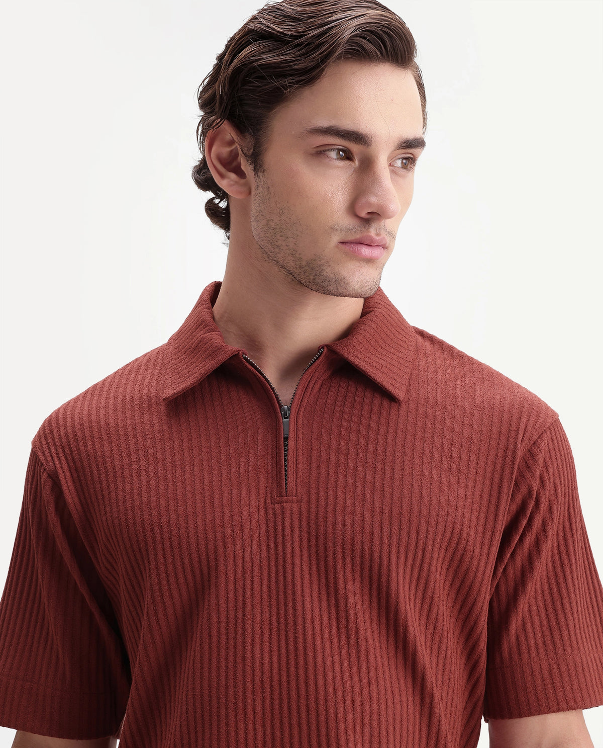 Rare Rabbit Men's Hexx-2 Rust Cotton Blend Spread Collar Zipper Regular Textured Polo