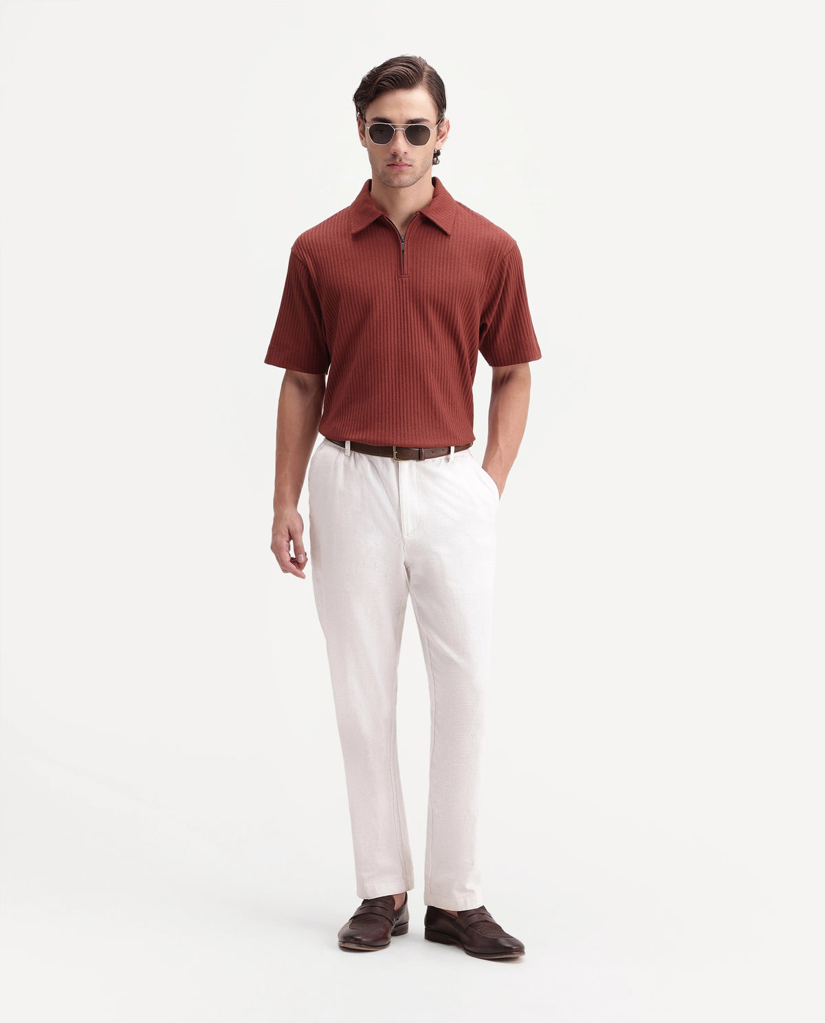 Rare Rabbit Men's Hexx-2 Rust Cotton Blend Spread Collar Zipper Regular Textured Polo