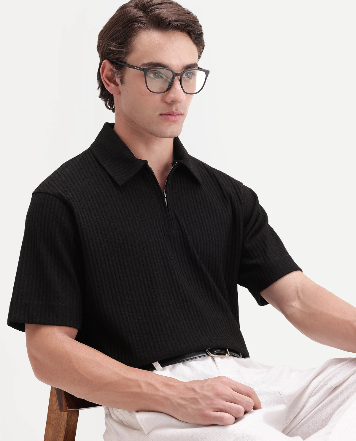 Rare Rabbit Men's Hexx-2 Black Cotton Blend Spread Collar Zipper Regular Textured Polo