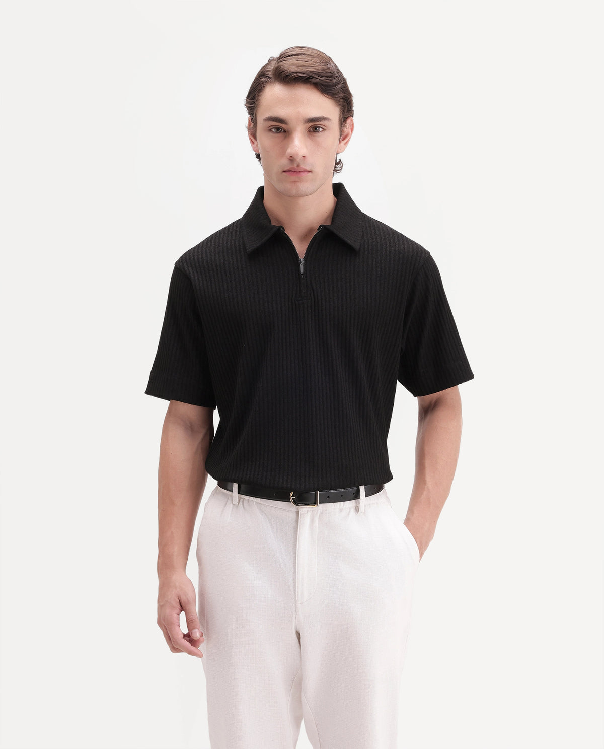 Rare Rabbit Men's Hexx-2 Black Cotton Blend Spread Collar Zipper Regular Textured Polo