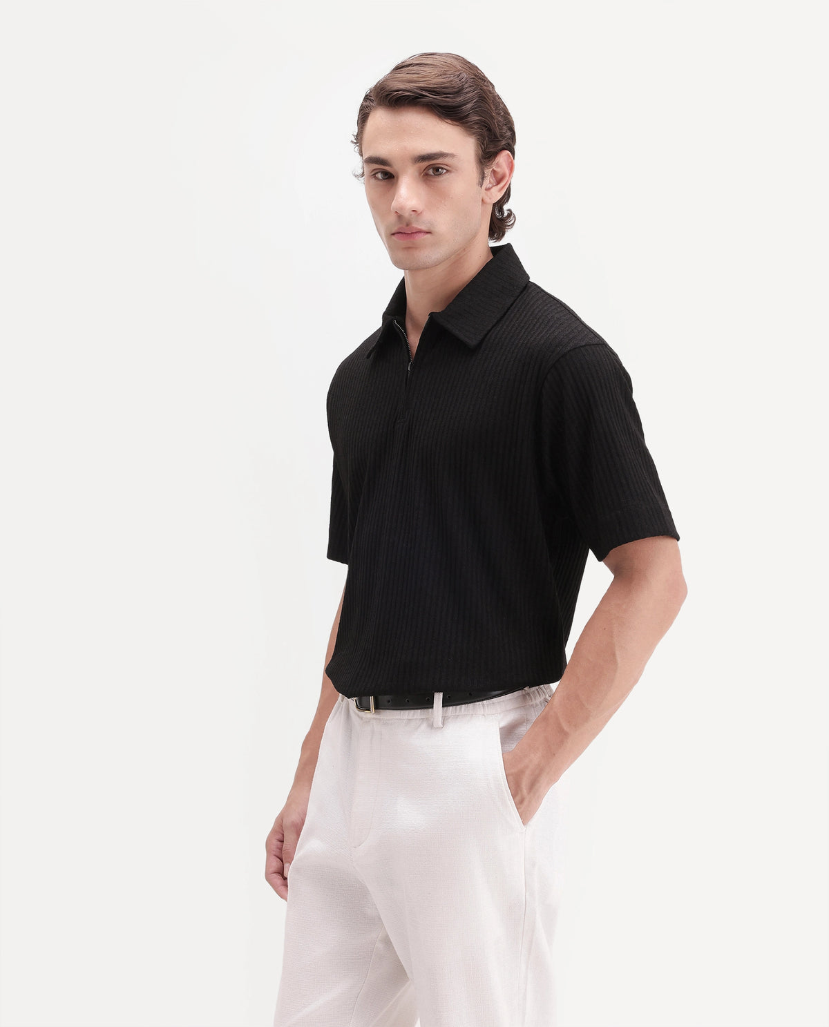 Rare Rabbit Men's Hexx-2 Black Cotton Blend Spread Collar Zipper Regular Textured Polo