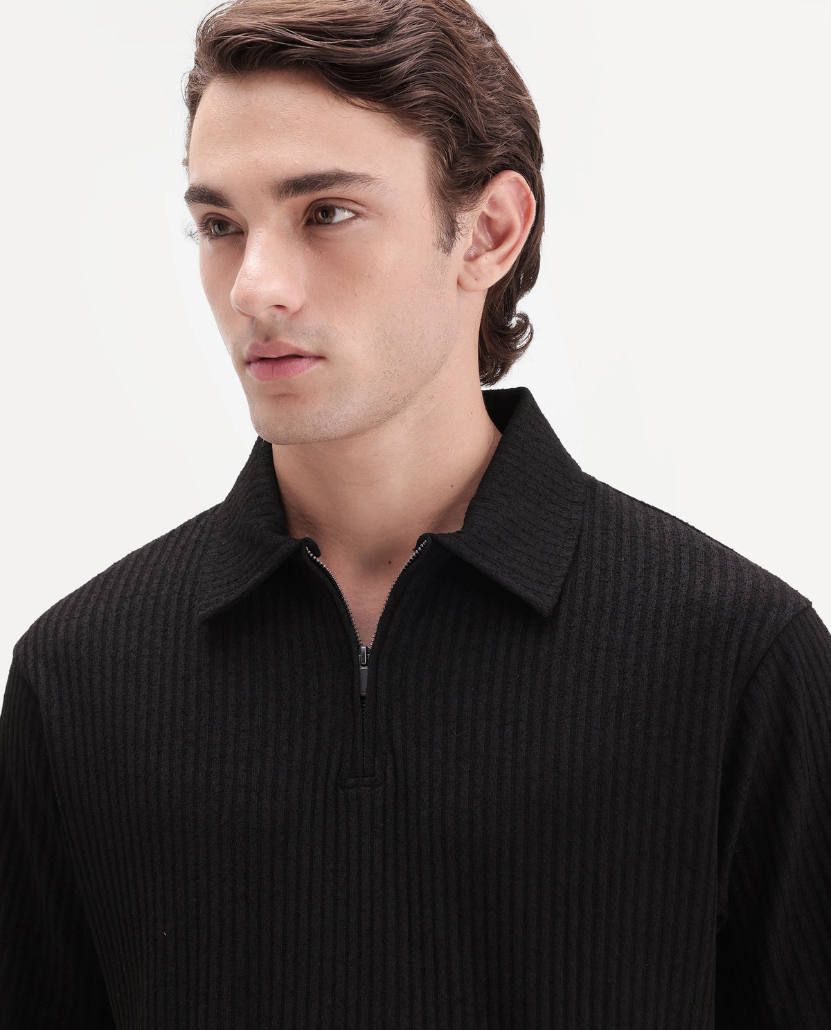 Rare Rabbit Men's Hexx-2 Black Cotton Blend Spread Collar Zipper Regular Textured Polo