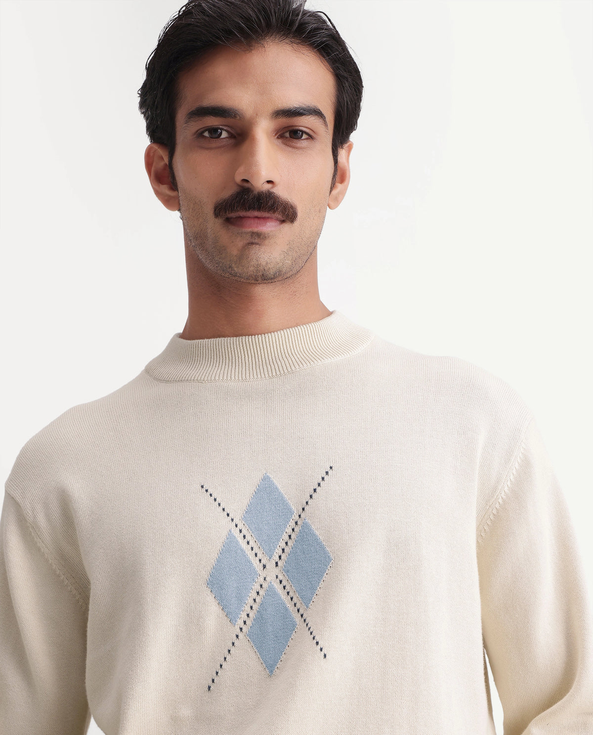 Rare Rabbit Men's Banr Off White Cotton Crew Neck Regular Fit Argyle Print Sweater - image 5