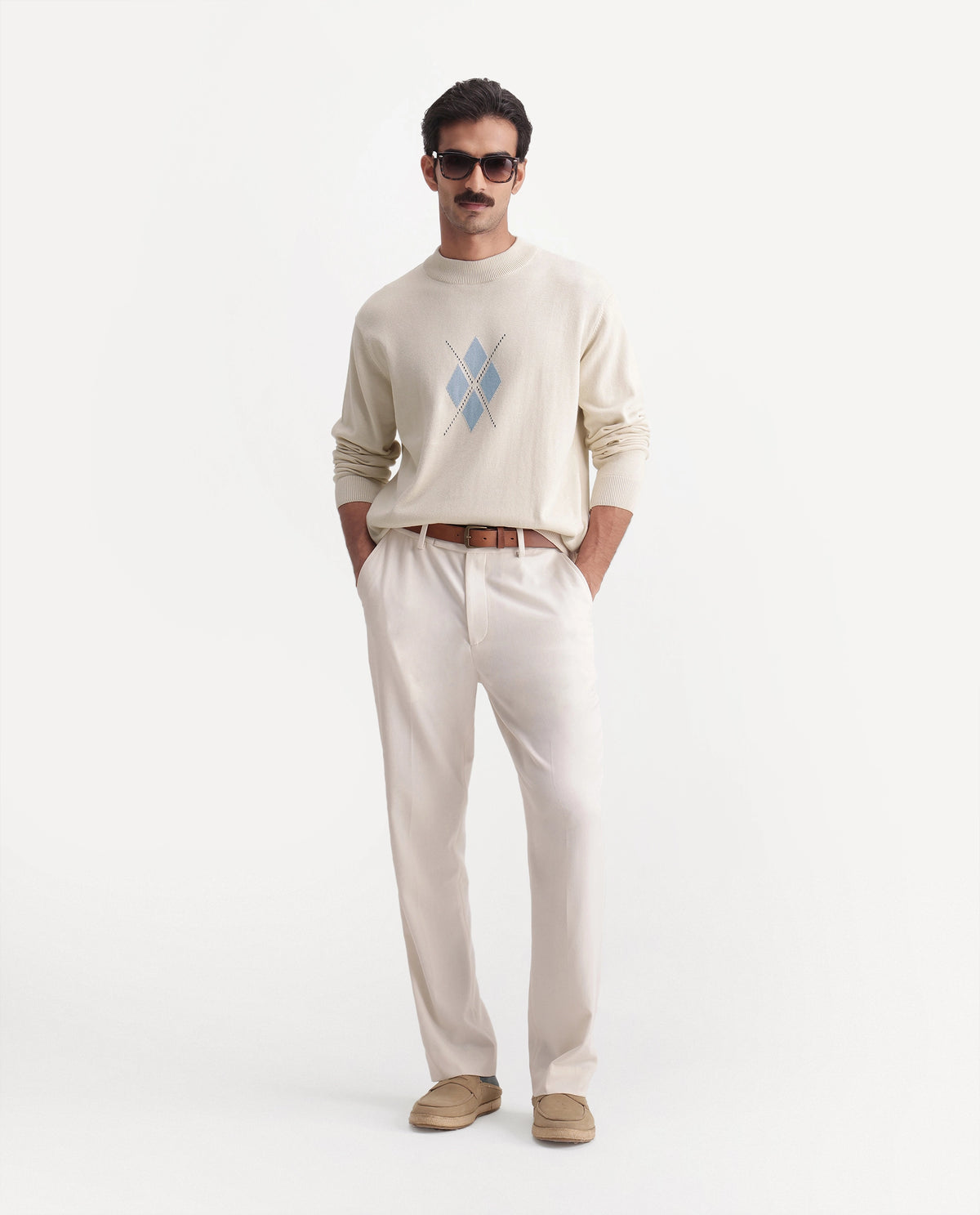 Rare Rabbit Men's Banr Off White Cotton Crew Neck Regular Fit Argyle Print Sweater - image 2