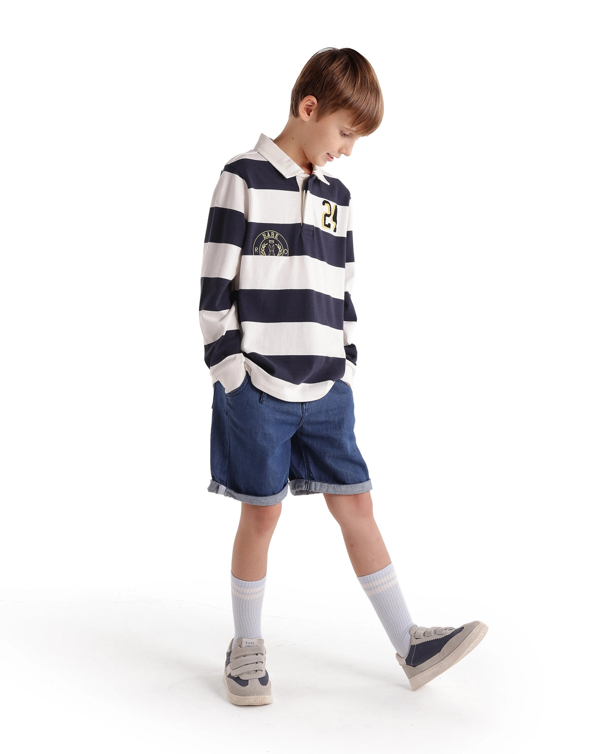 Rare Ones Kids Varo White Cotton Fabric Spread Collar Button Closure Regular Fit Striped Polo - image 2
