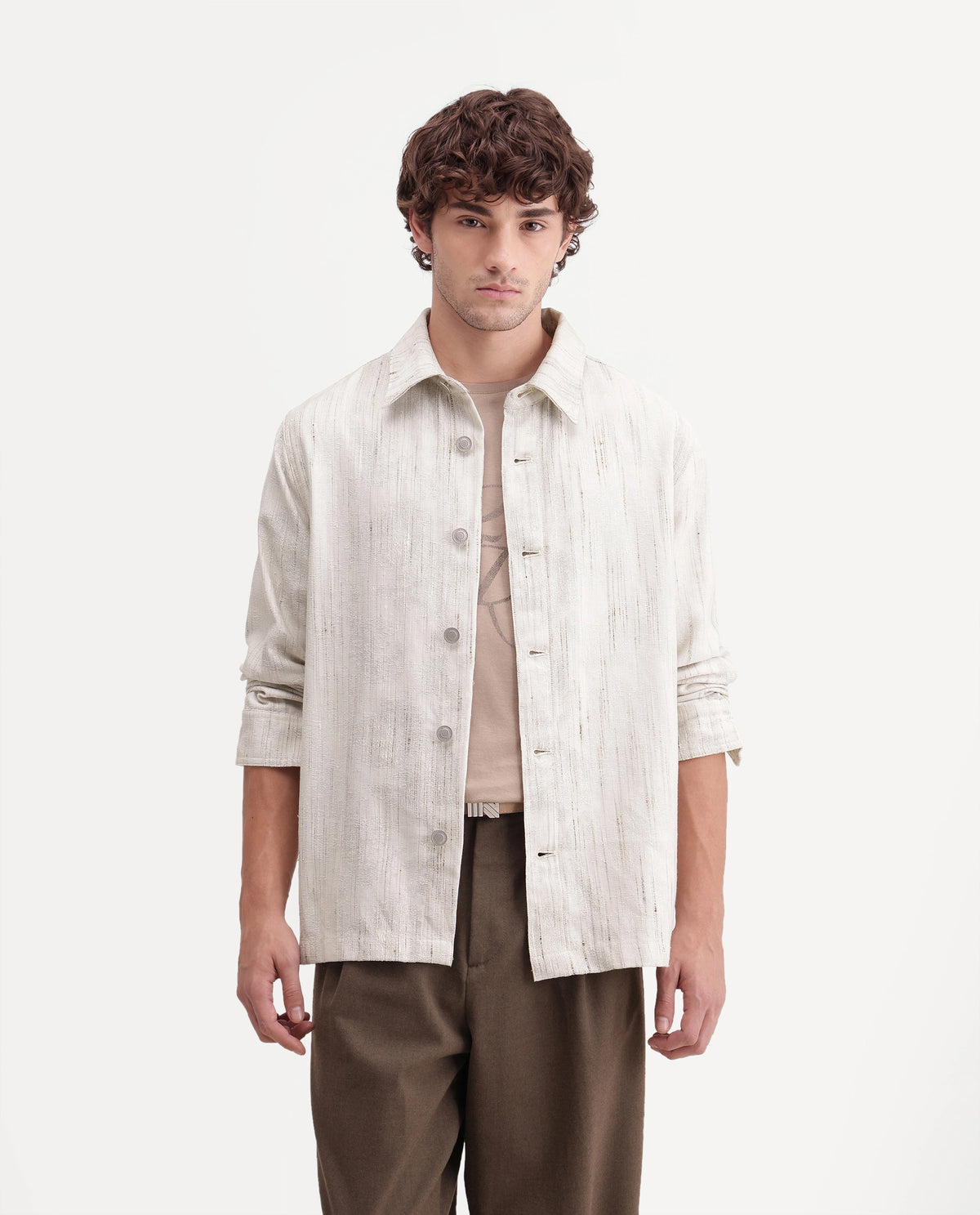 Rare Rabbit Men's Metor Off White Polyester Blend Spread Collar Button Regular Textured Shacket
