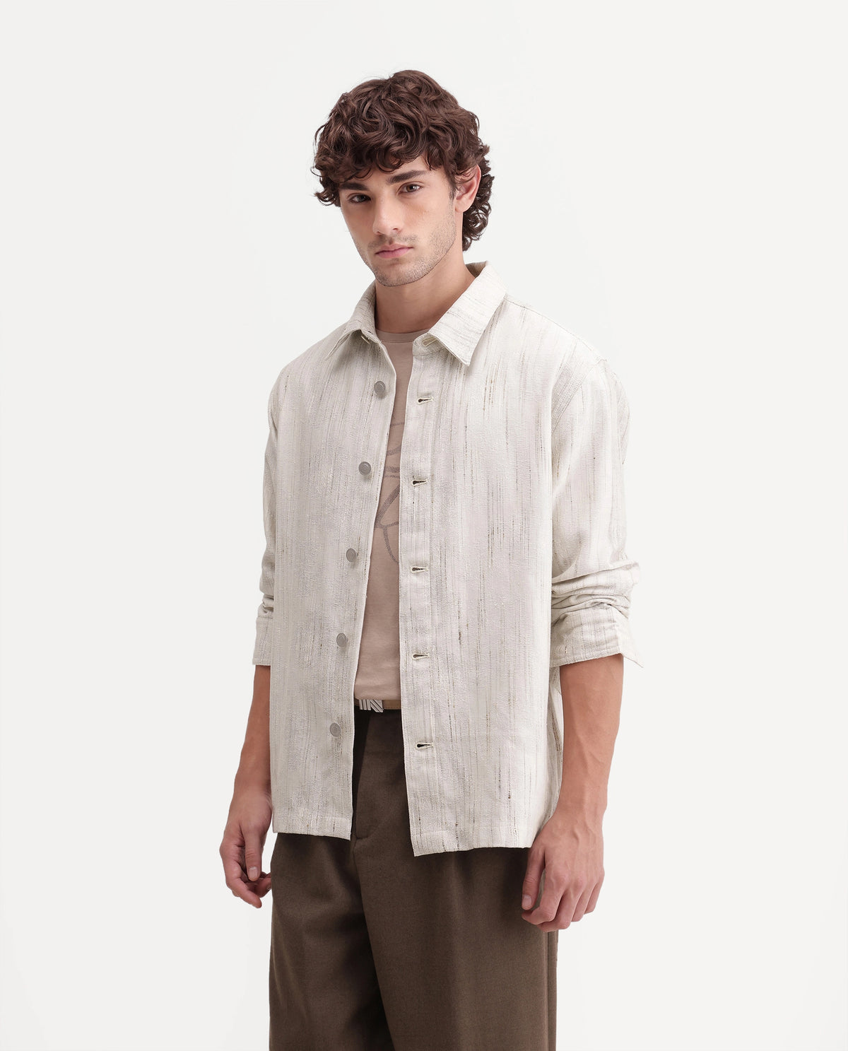 Rare Rabbit Men's Metor Off White Polyester Blend Spread Collar Button Regular Textured Shacket