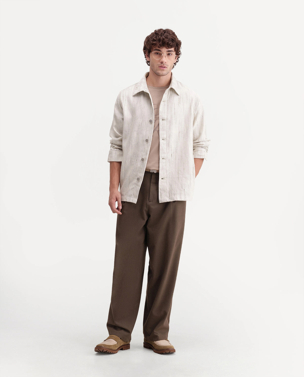 Rare Rabbit Men's Metor Off White Polyester Blend Spread Collar Button Regular Textured Shacket
