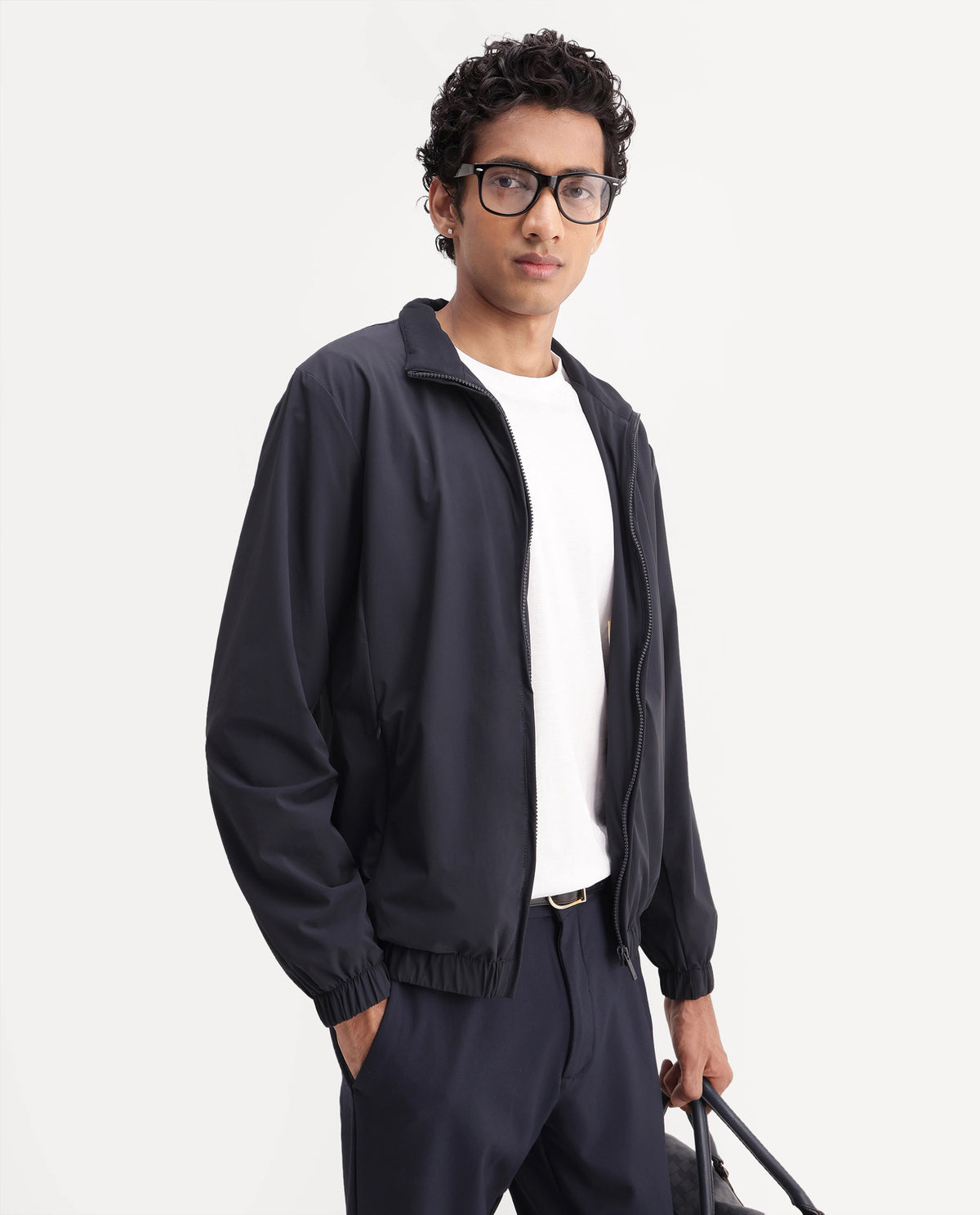 Rare Rabbit Men's Tian Navy Nylon Blend High Neck Zipper Regular Plain Jacket
