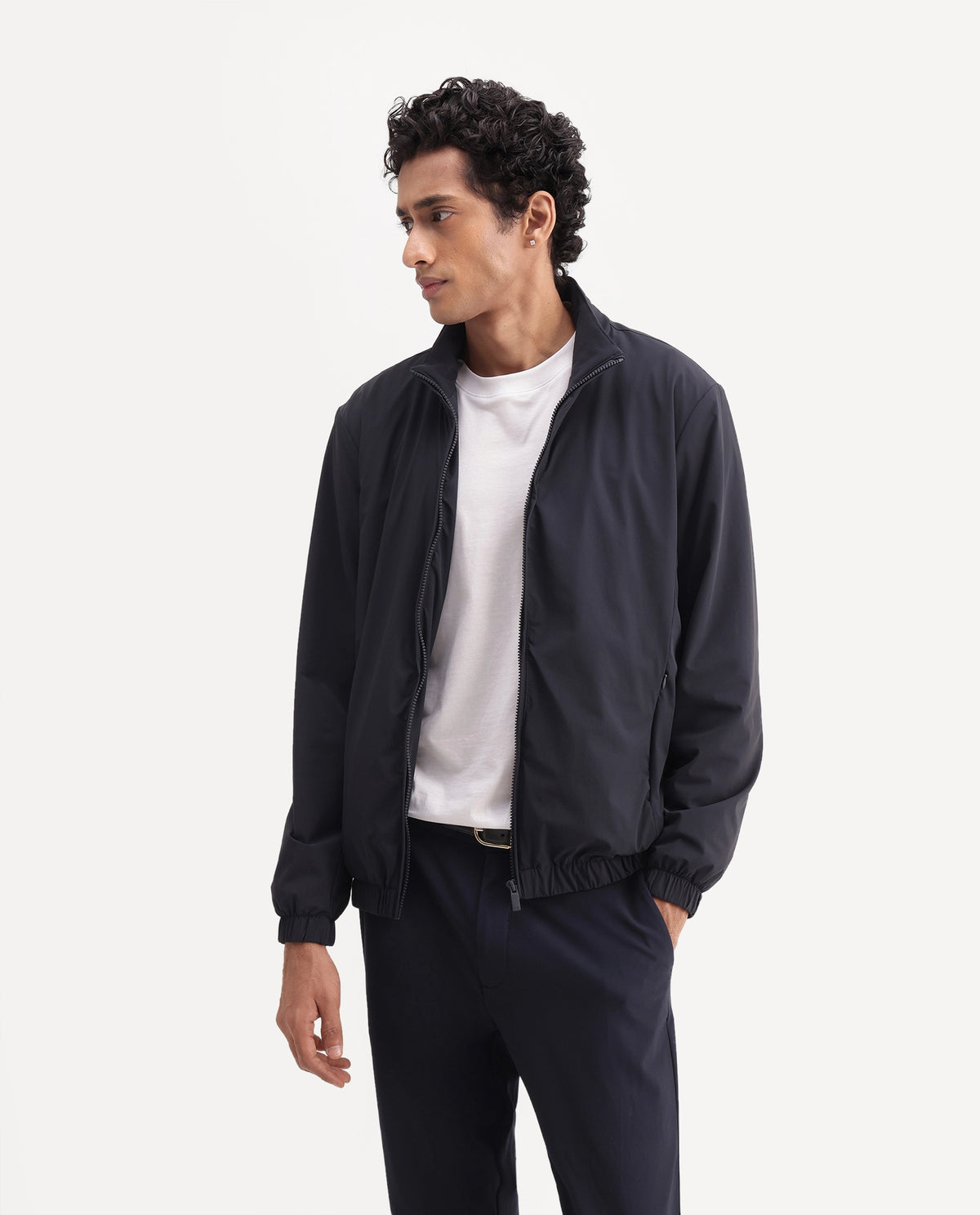 Rare Rabbit Men's Tian Navy Nylon Blend High Neck Zipper Regular Plain Jacket