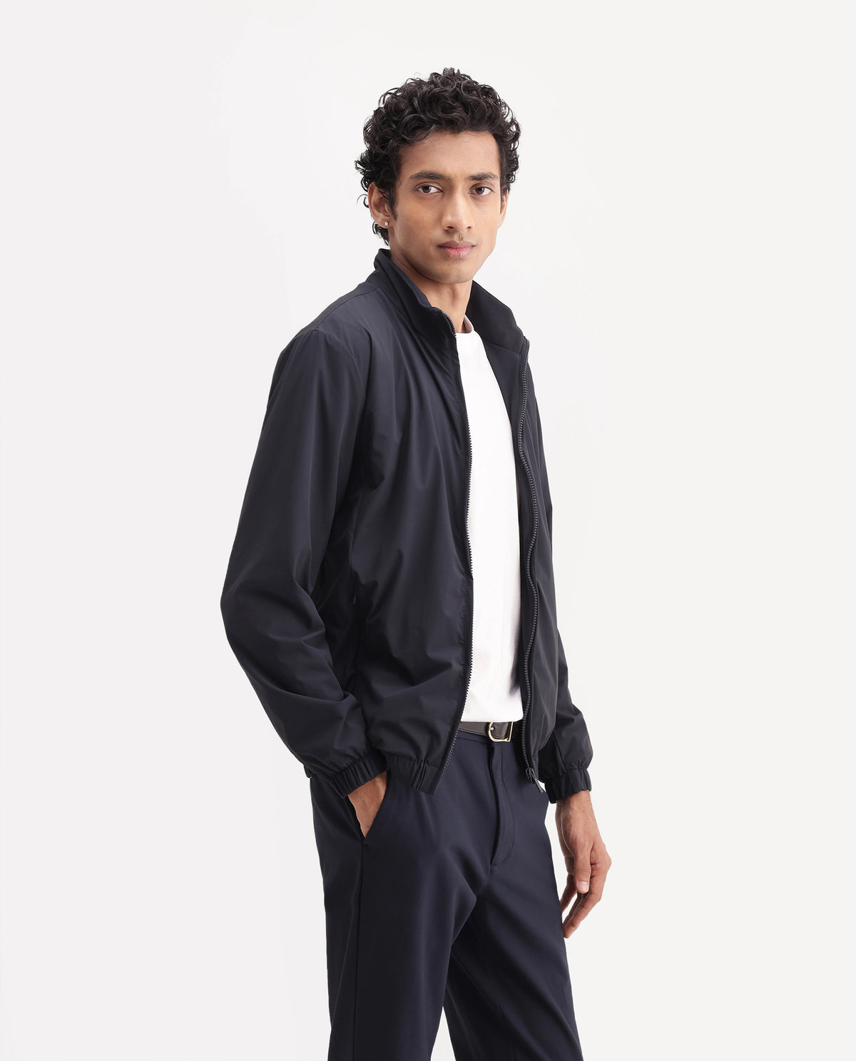 Rare Rabbit Men's Tian Navy Nylon Blend High Neck Zipper Regular Plain Jacket