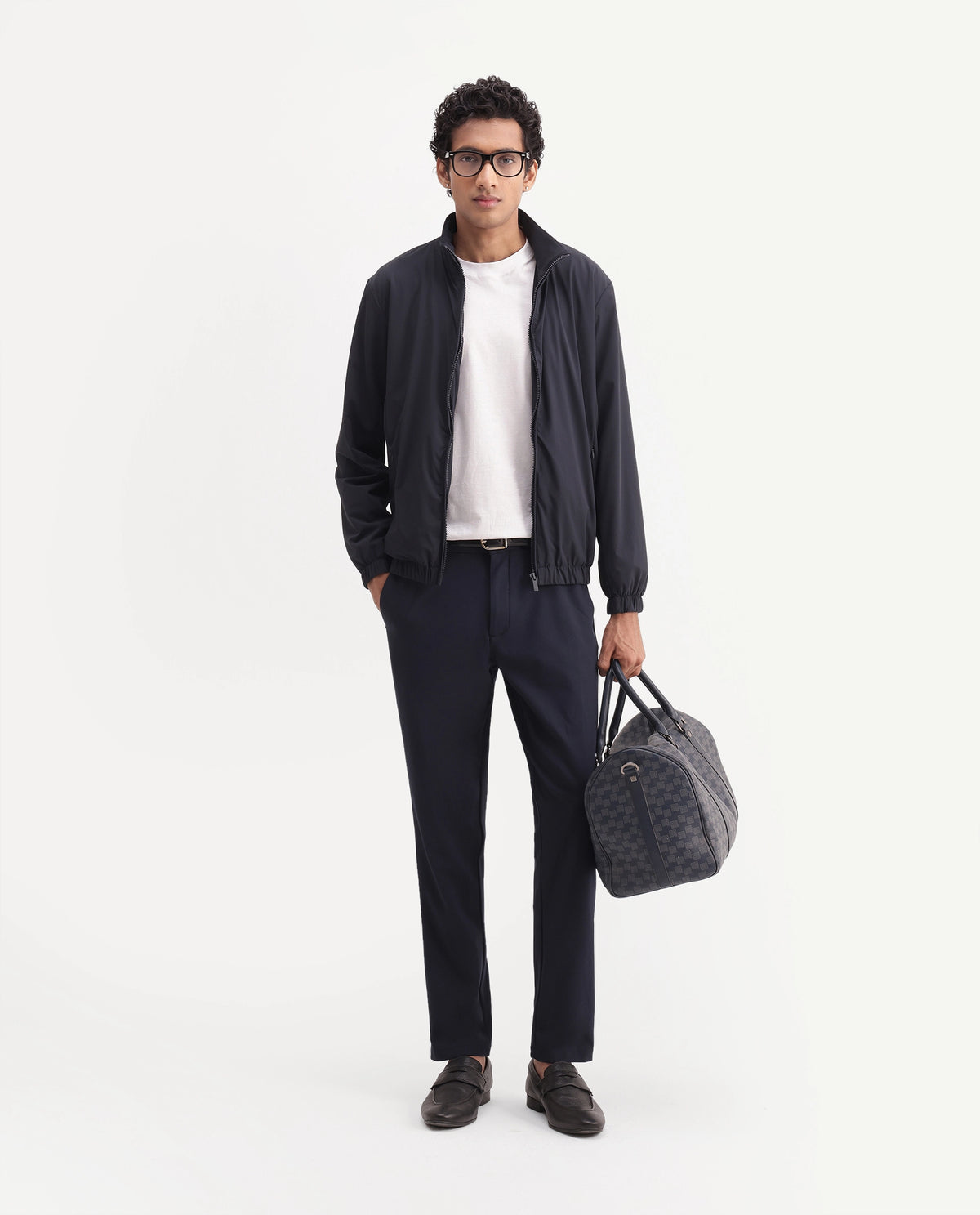 Rare Rabbit Men's Tian Navy Nylon Blend High Neck Zipper Regular Plain Jacket