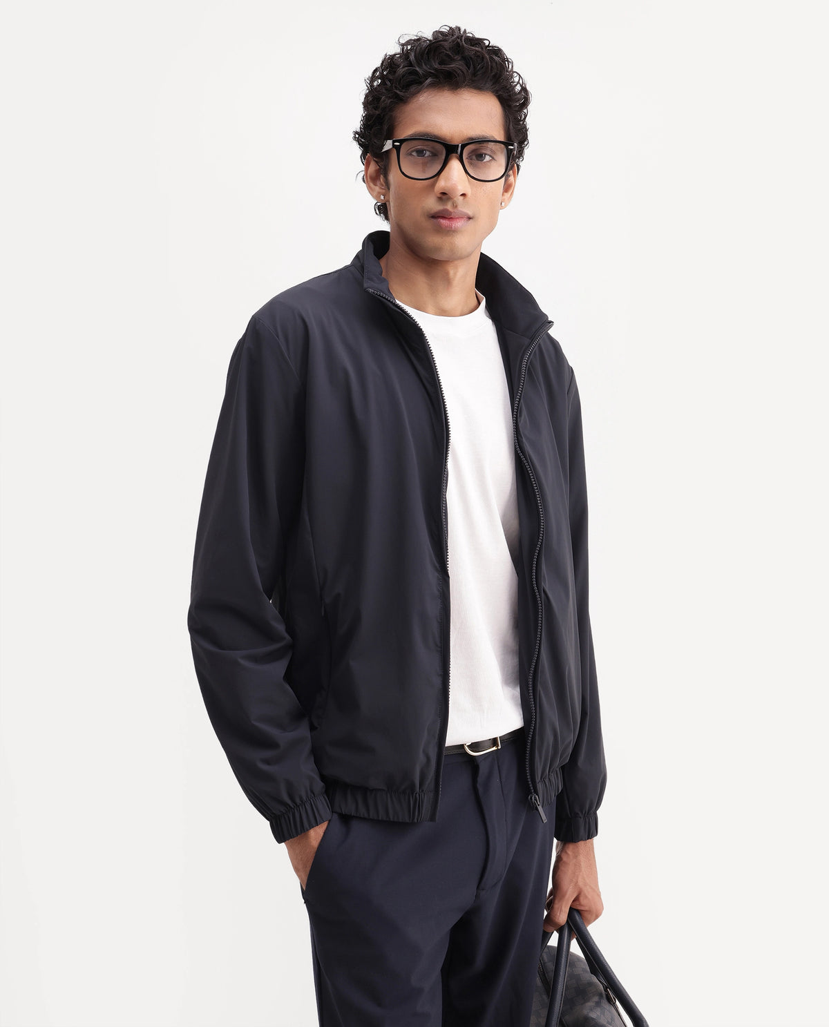 Rare Rabbit Men's Tian Navy Nylon Blend High Neck Zipper Regular Plain Jacket