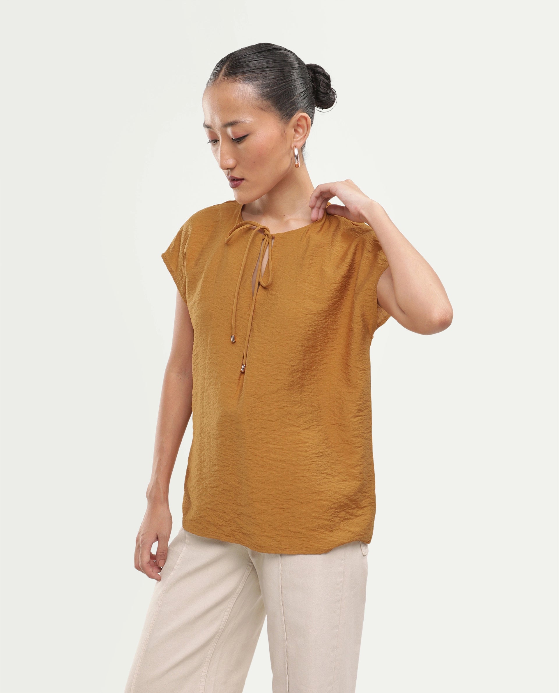 Rareism Women's Siba Mustard Viscose Blend Tie-Up Tie-Up Relaxed Plain Top