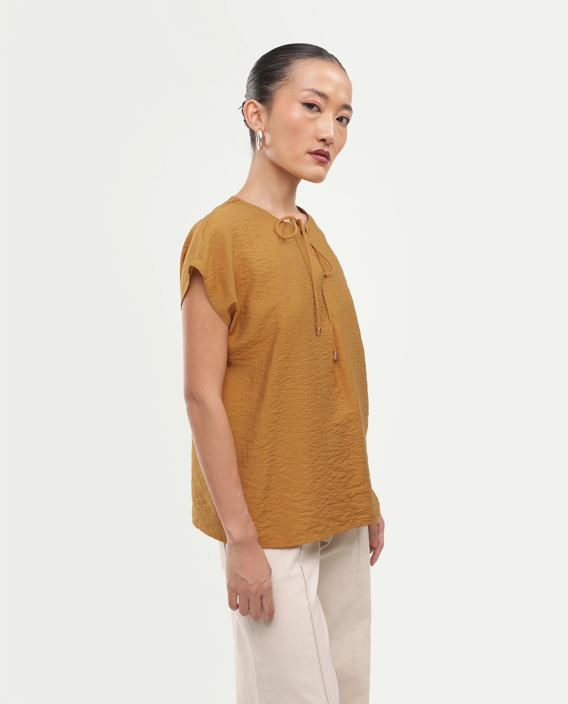 Rareism Women's Siba Mustard Viscose Blend Tie-Up Tie-Up Relaxed Plain Top