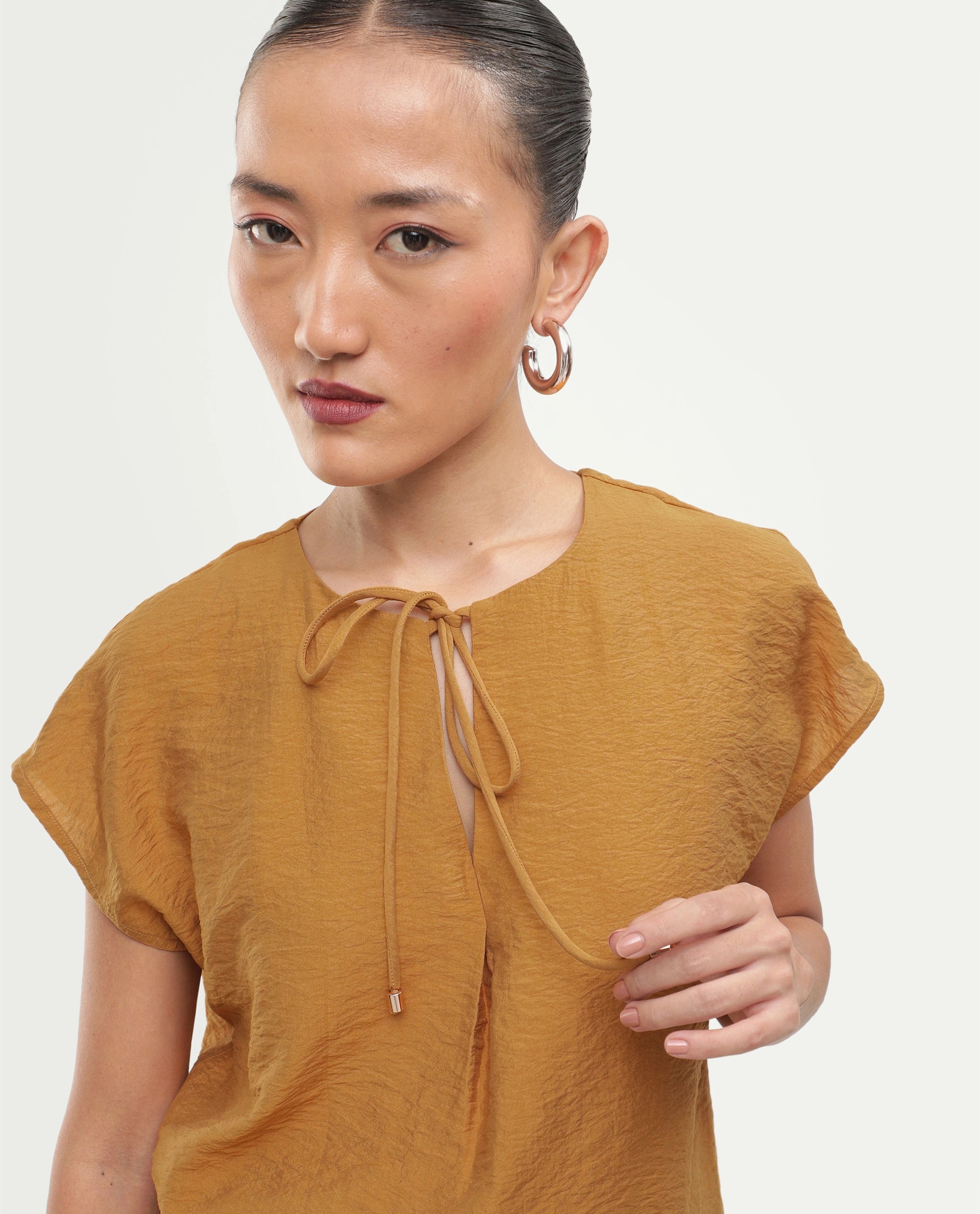 Rareism Women's Siba Mustard Viscose Blend Tie-Up Tie-Up Relaxed Plain Top
