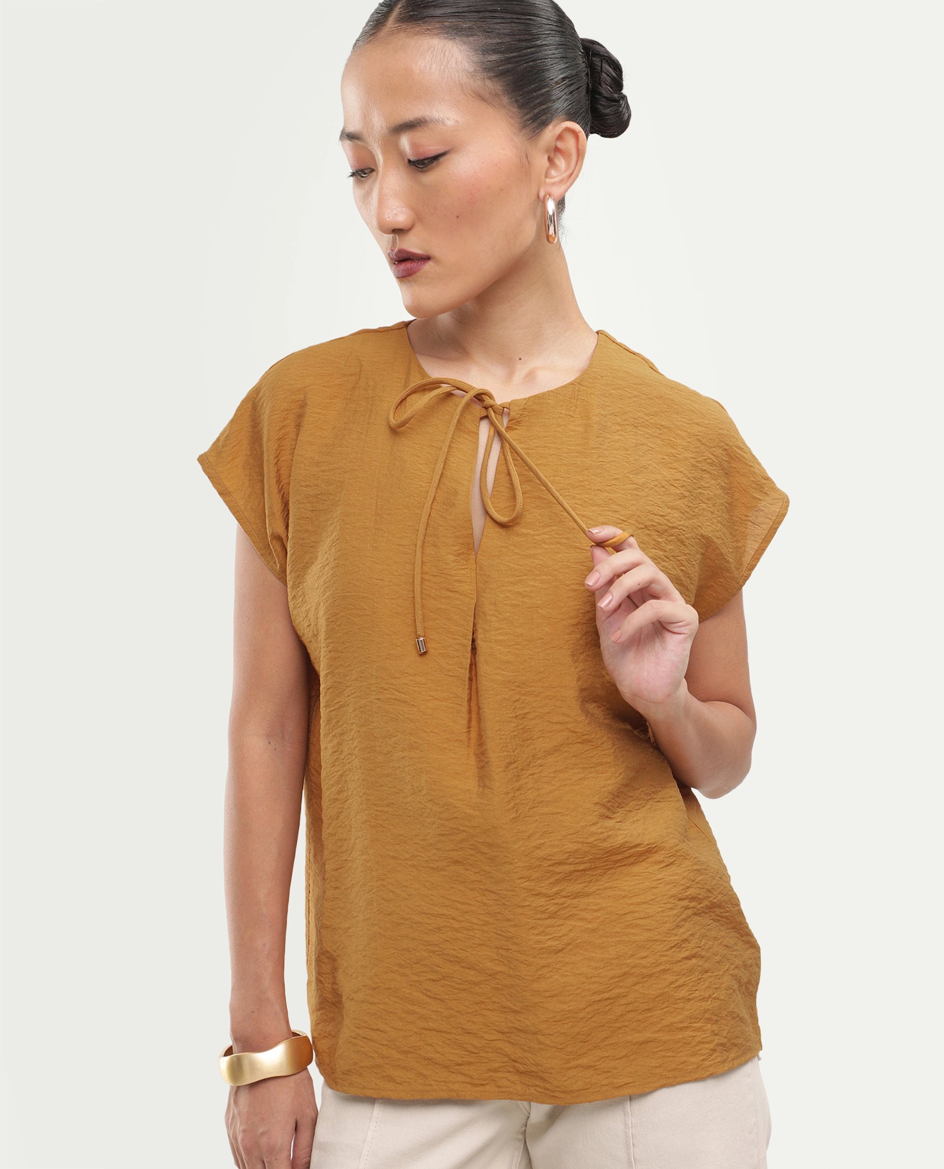 Rareism Women's Siba Mustard Viscose Blend Tie-Up Tie-Up Relaxed Plain Top
