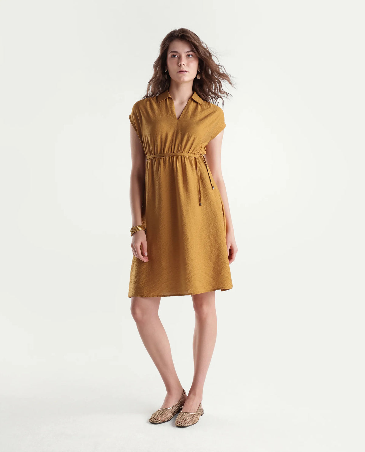 Rareism Women's Sibat Mustard Viscose Blend Johnny Collar Pull-On A-Line Plain Dress