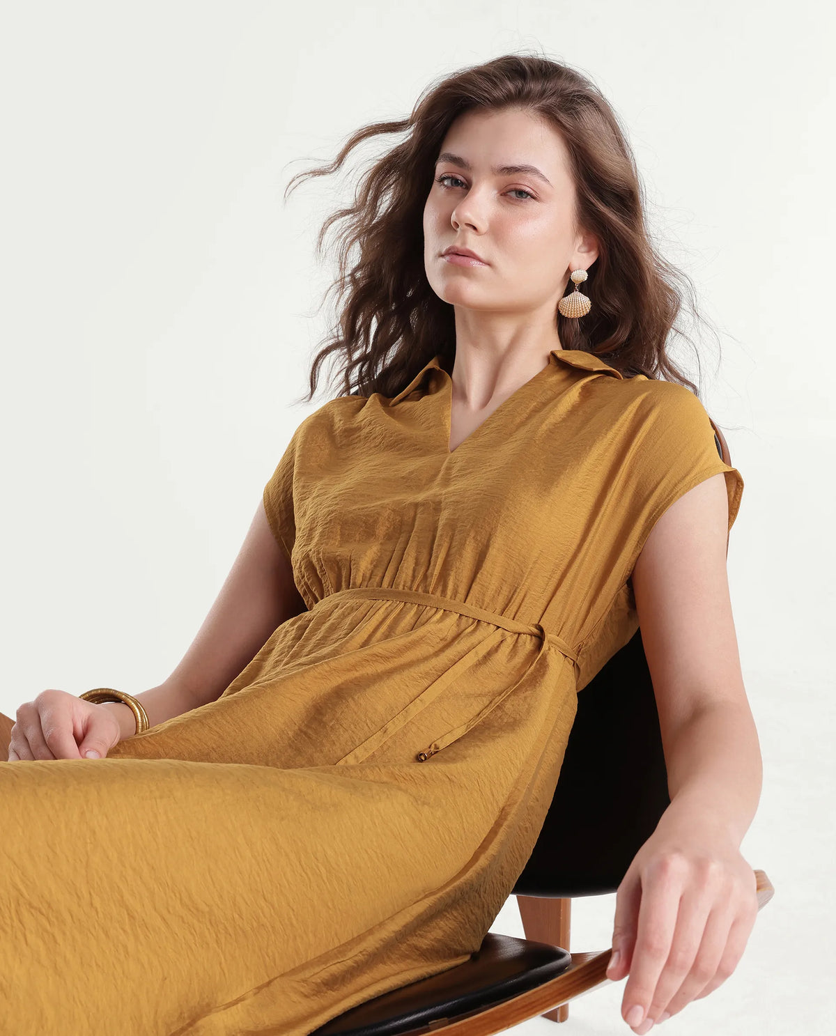 Rareism Women's Sibat Mustard Viscose Blend Johnny Collar Pull-On A-Line Plain Dress
