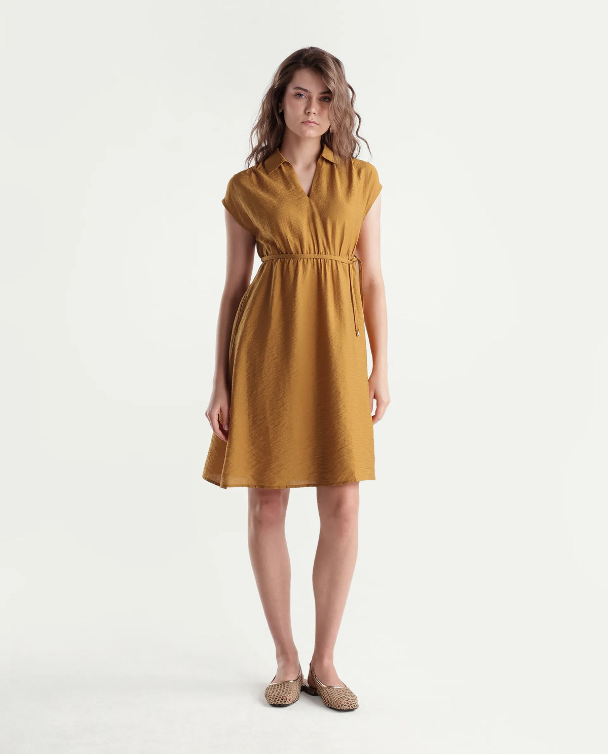 Rareism Women's Sibat Mustard Viscose Blend Johnny Collar Pull-On A-Line Plain Dress