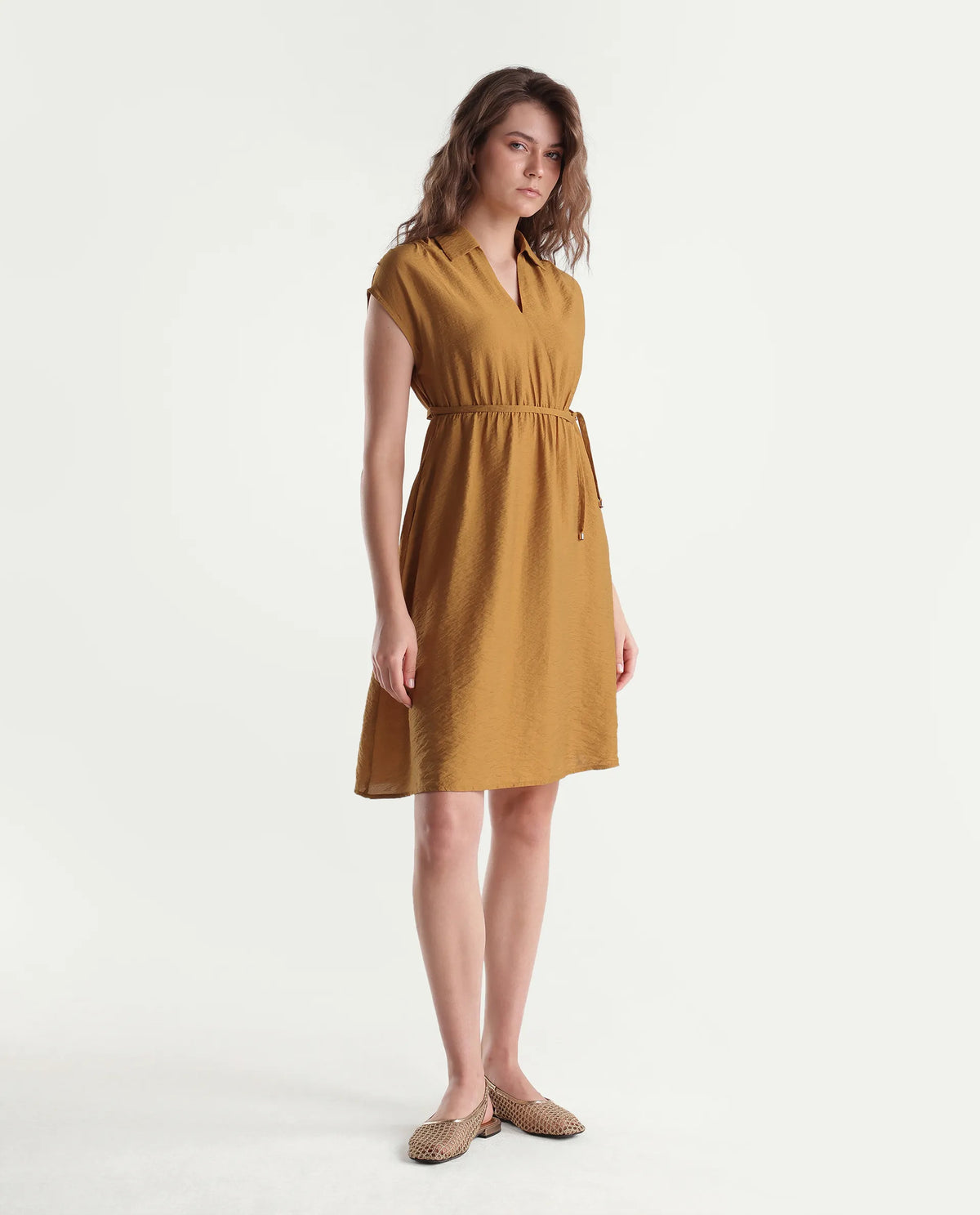 Rareism Women's Sibat Mustard Viscose Blend Johnny Collar Pull-On A-Line Plain Dress