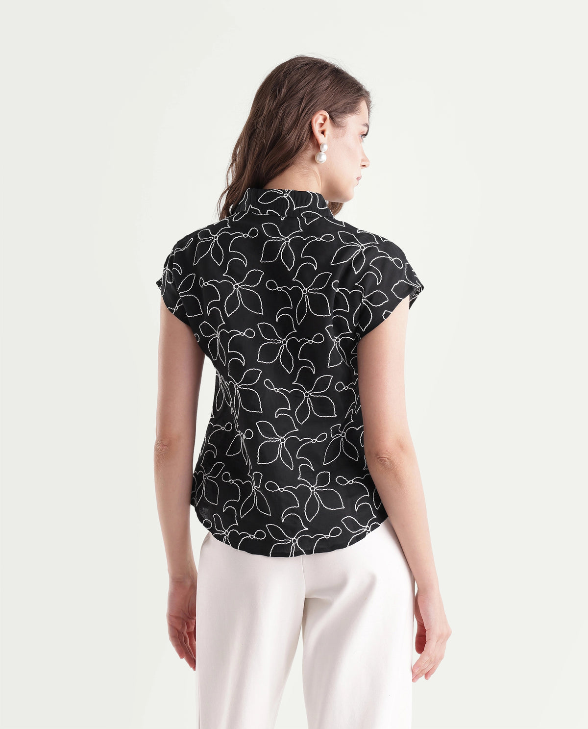 Rareism Women's Selsh Black Viscose Blend Spread Collar Button Regular Embroidered Shirt