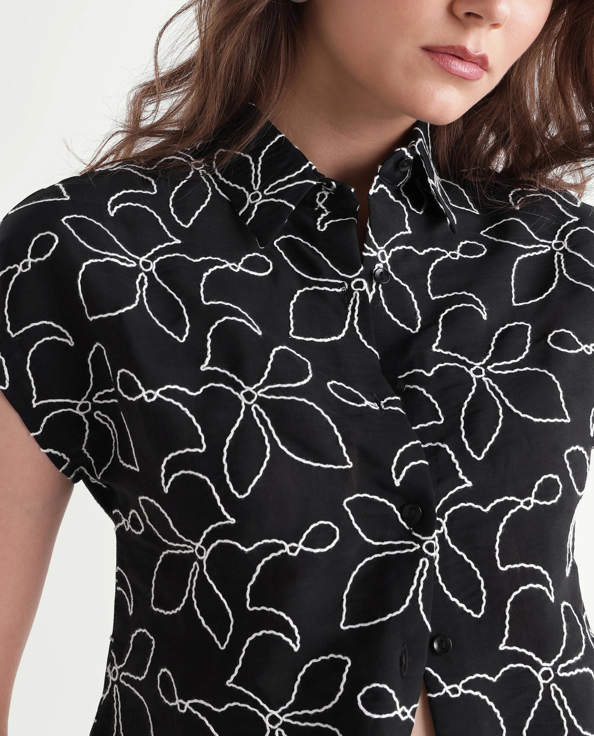 Rareism Women's Selsh Black Viscose Blend Spread Collar Button Regular Embroidered Shirt